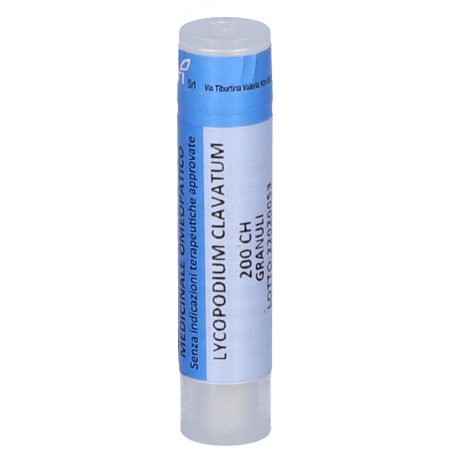 Confezione cilindrica con coperchio bianco. Scritta: Lycopodium Clavatum 200 CH Granuli. Medicinale Omeopatico.