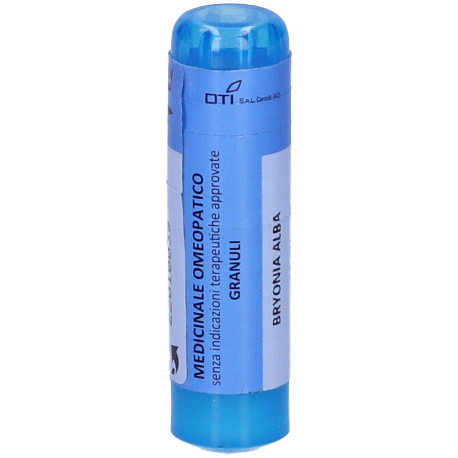 Confezione cilindrica blu e bianca. Scritta: Medicinale Omeopatico Granuli. Bryonia Alba.