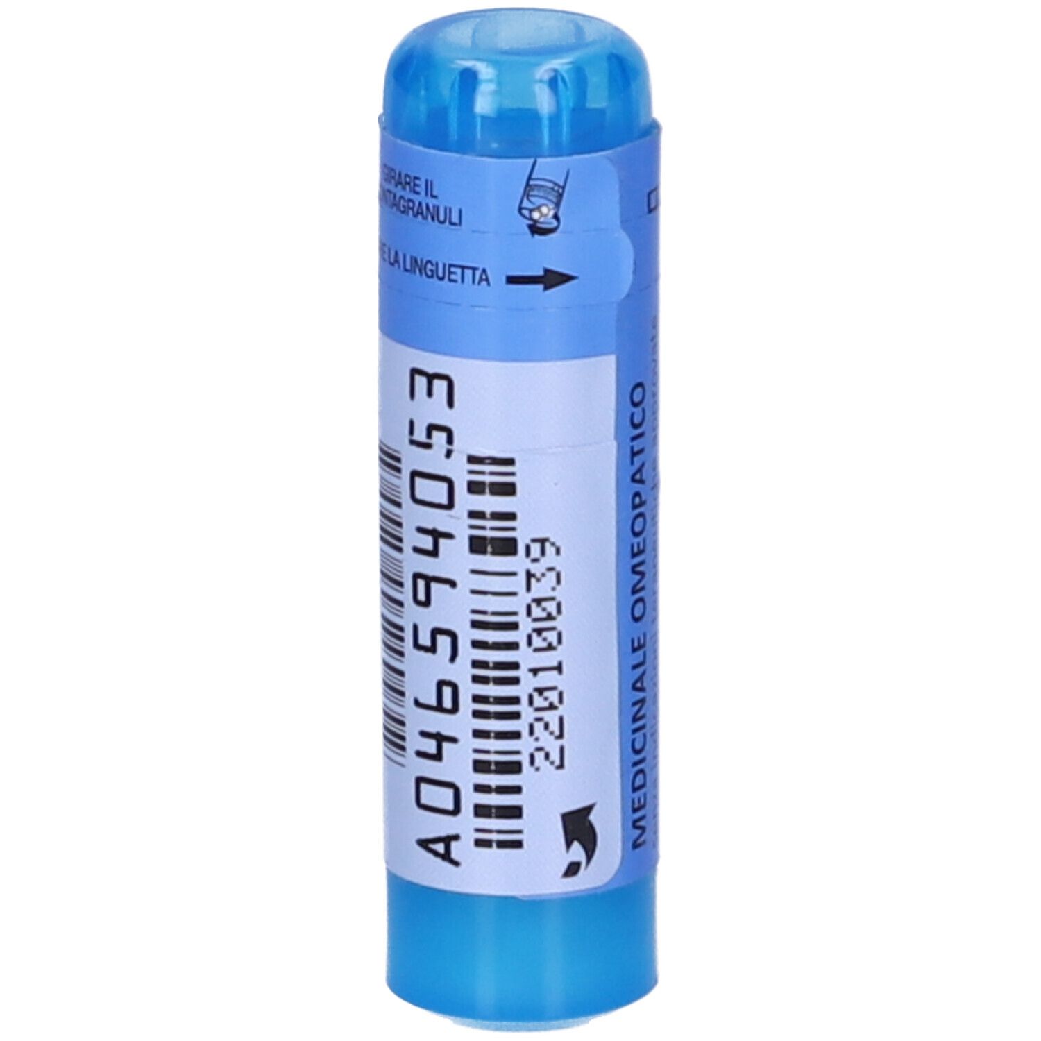 Confezione cilindrica blu e bianca. Codice a barre e numero: A046594053. Scritta: Medicinale Omeopatico.