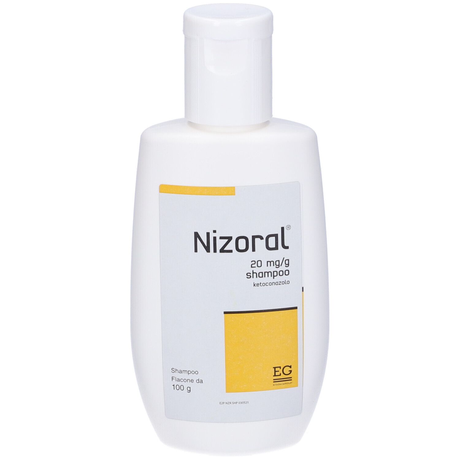 Flacone bianco con tappo a ribalta. Etichetta "Nizoral 20 mg/g shampoo".