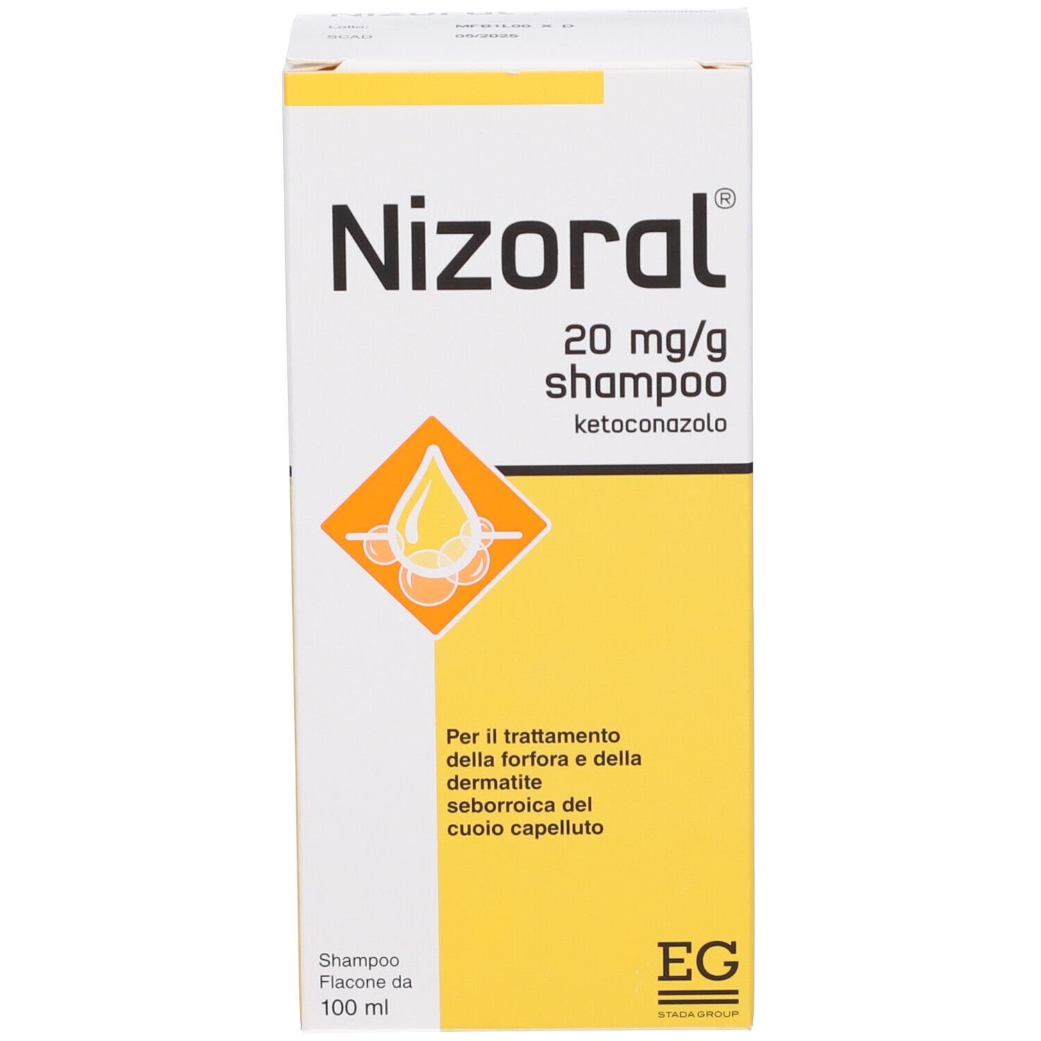 Scatola con "Nizoral 20 mg/g shampoo". Campo giallo con simbolo goccia.