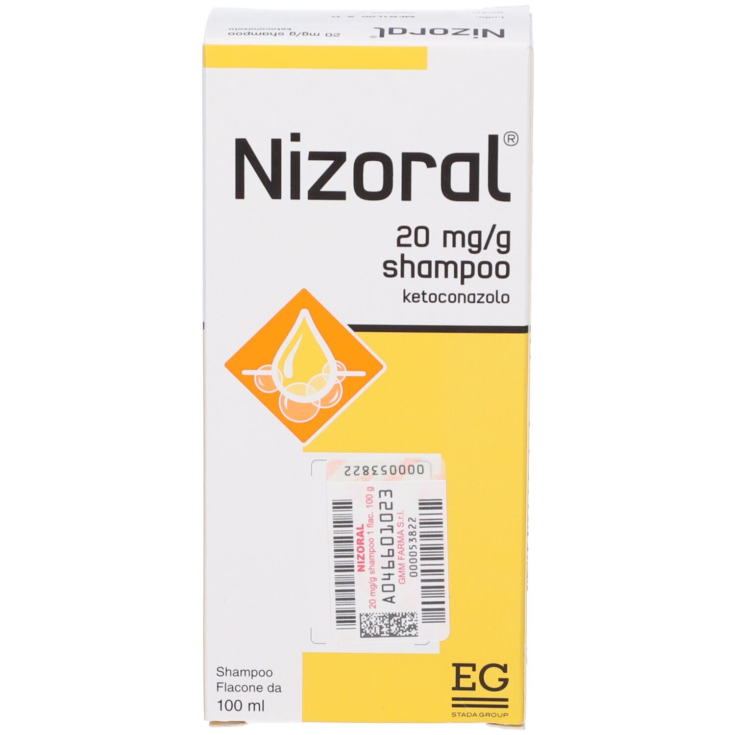 Scatola con "Nizoral 20 mg/g shampoo". Campo giallo con codice a barre ed etichetta.