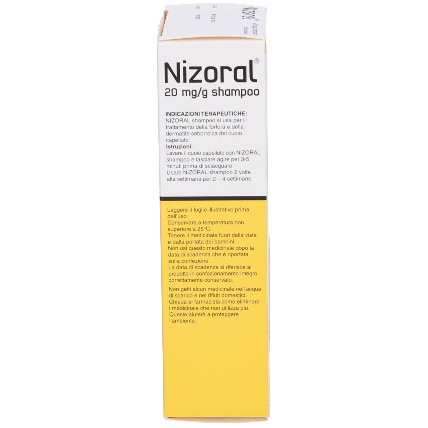 Scatola con "Nizoral 20 mg/g shampoo". Campo giallo con istruzioni per l'uso.
