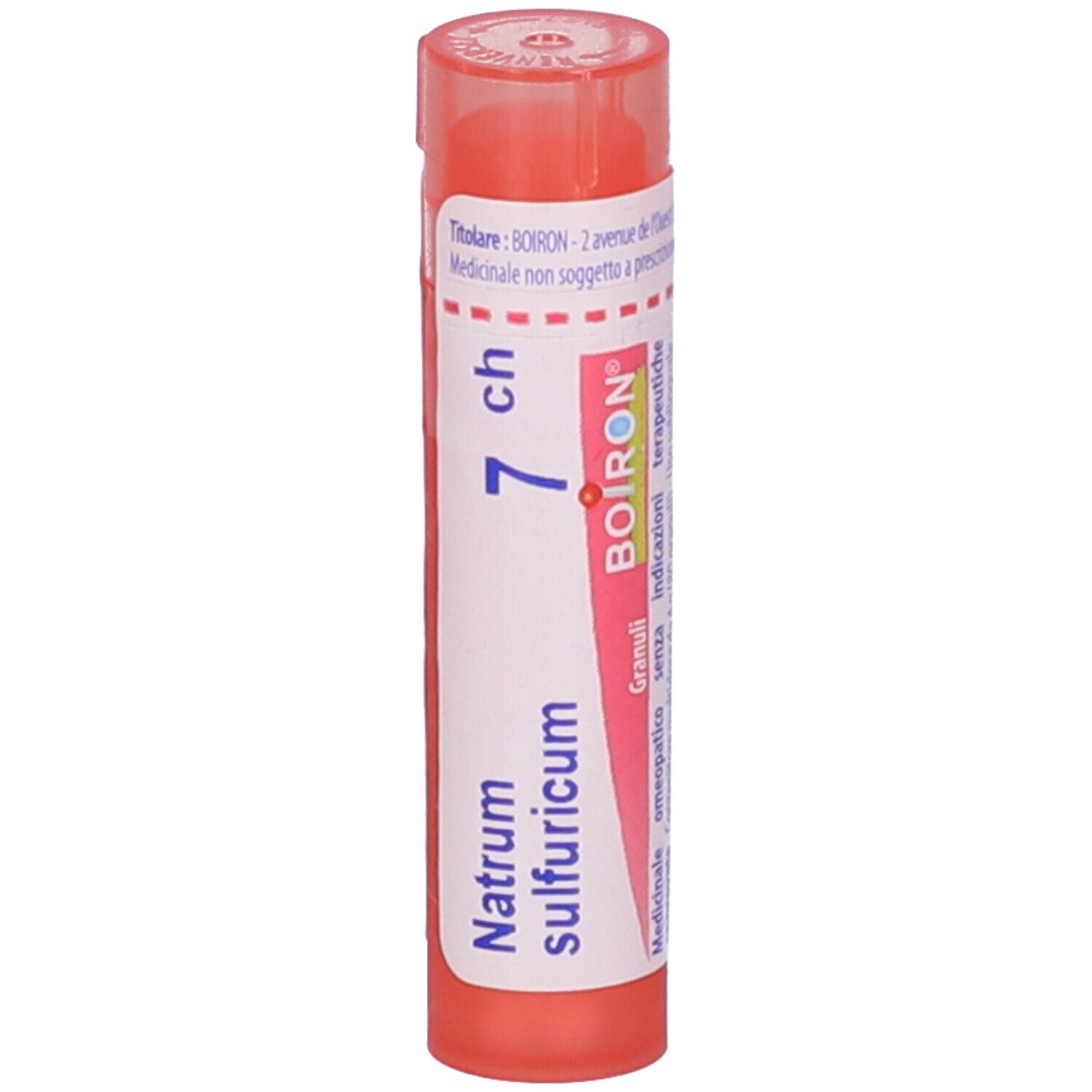 Tubo cilindrico rosso con etichetta bianca. Scritta: Natrum sulfuricum 7 ch, logo BOIRON.