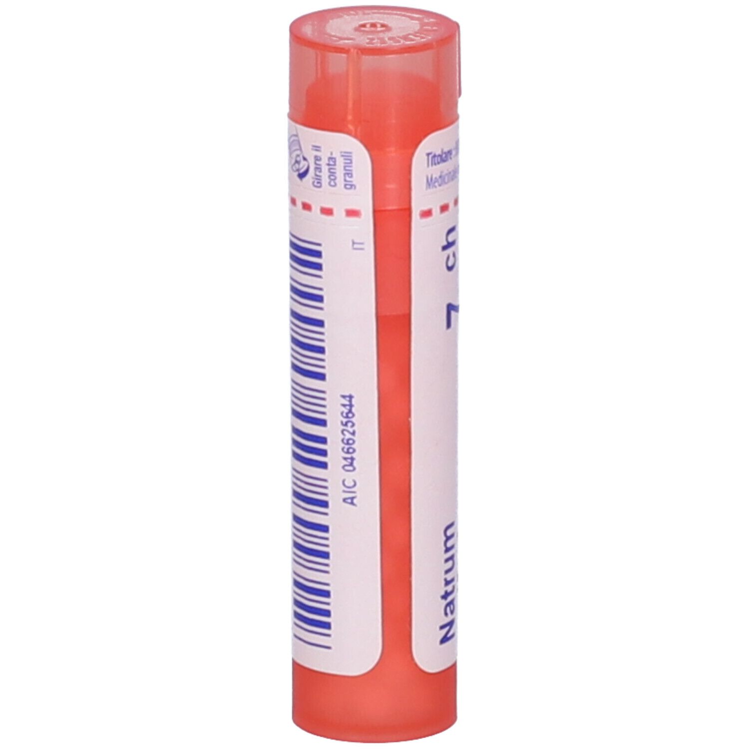 Tubo cilindrico rosso con etichetta bianca. Scritta: Natrum sulfuricum 7 ch, codice AIC.
