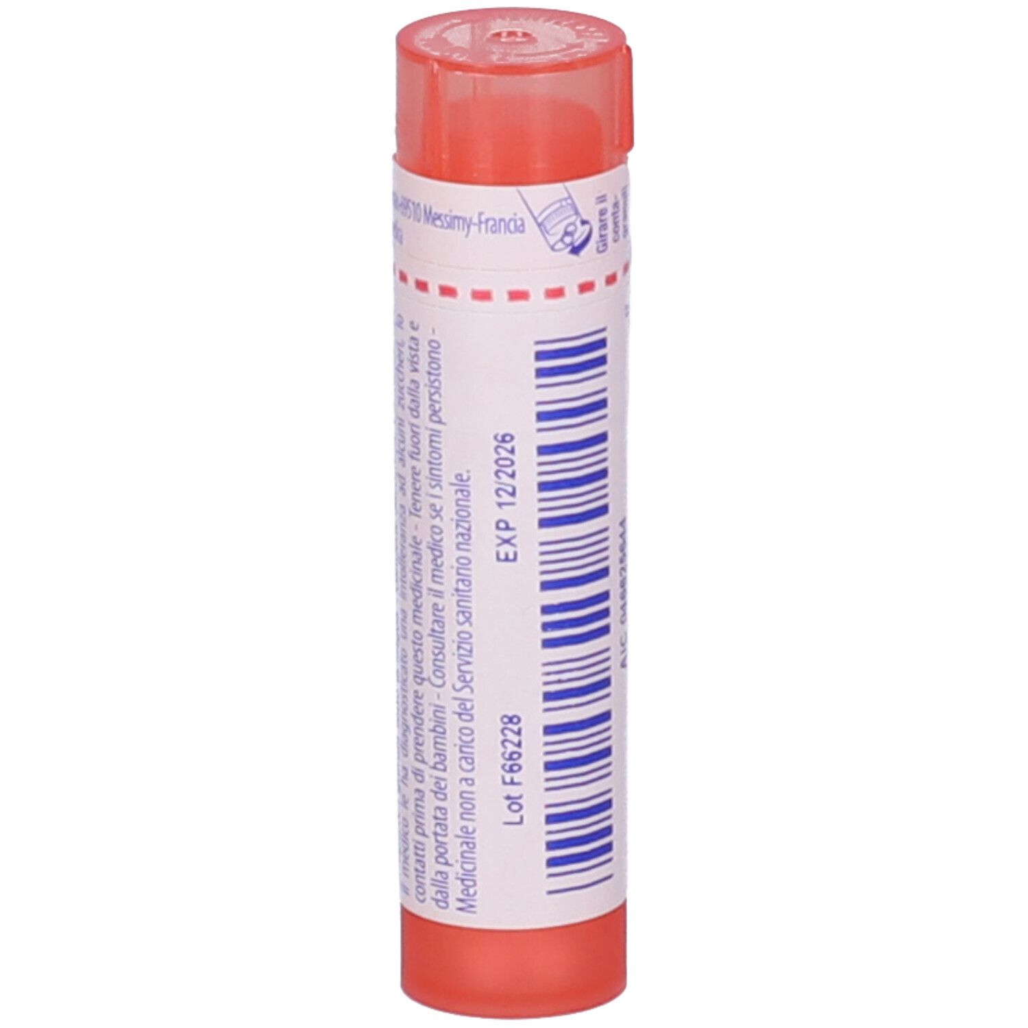 Tubo cilindrico rosso. Stampa: EXP 12/2026, Lot F66228. Testo in italiano.