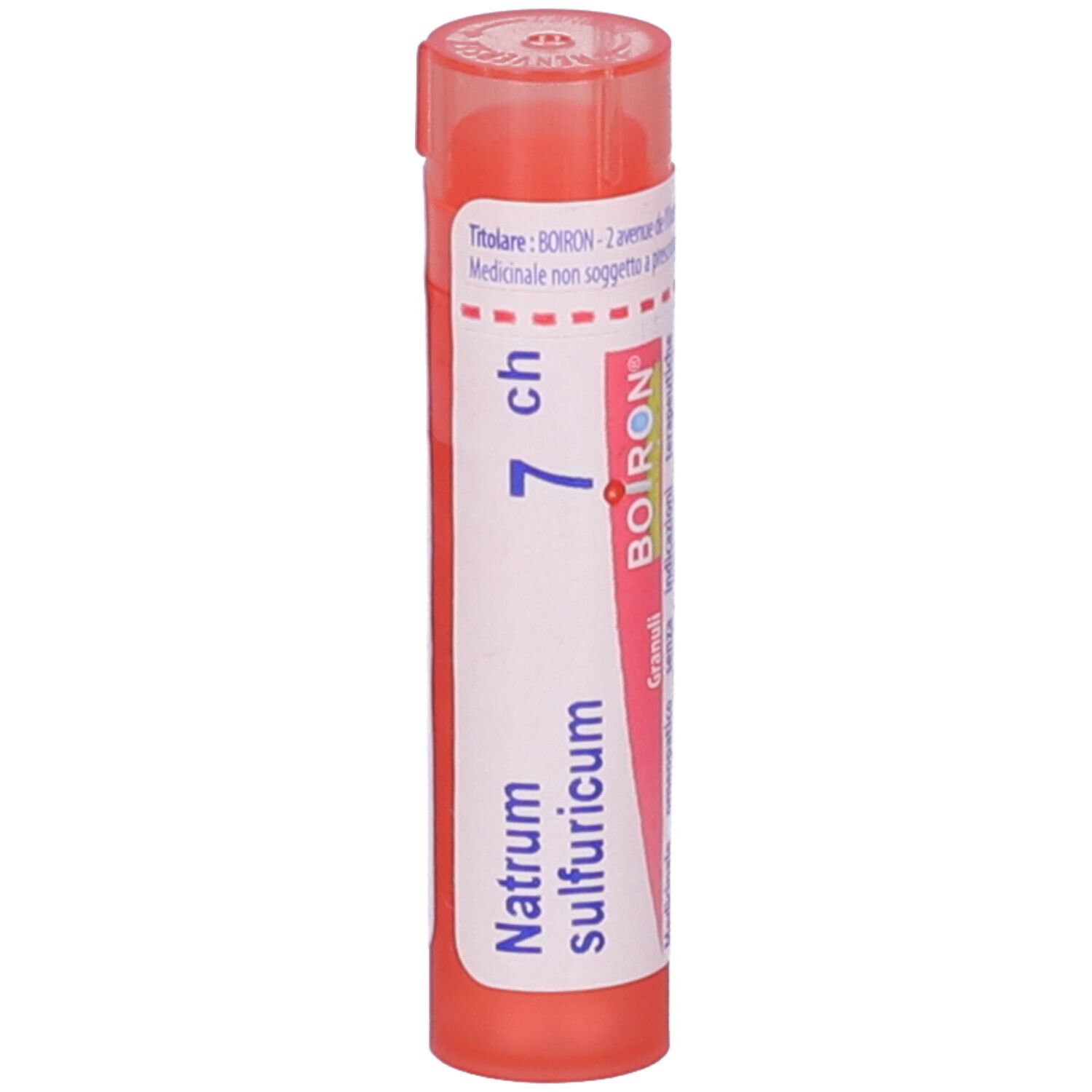 Tubo cilindrico rosso con etichetta bianca. Scritta: Natrum sulfuricum 7 ch, logo BOIRON.
