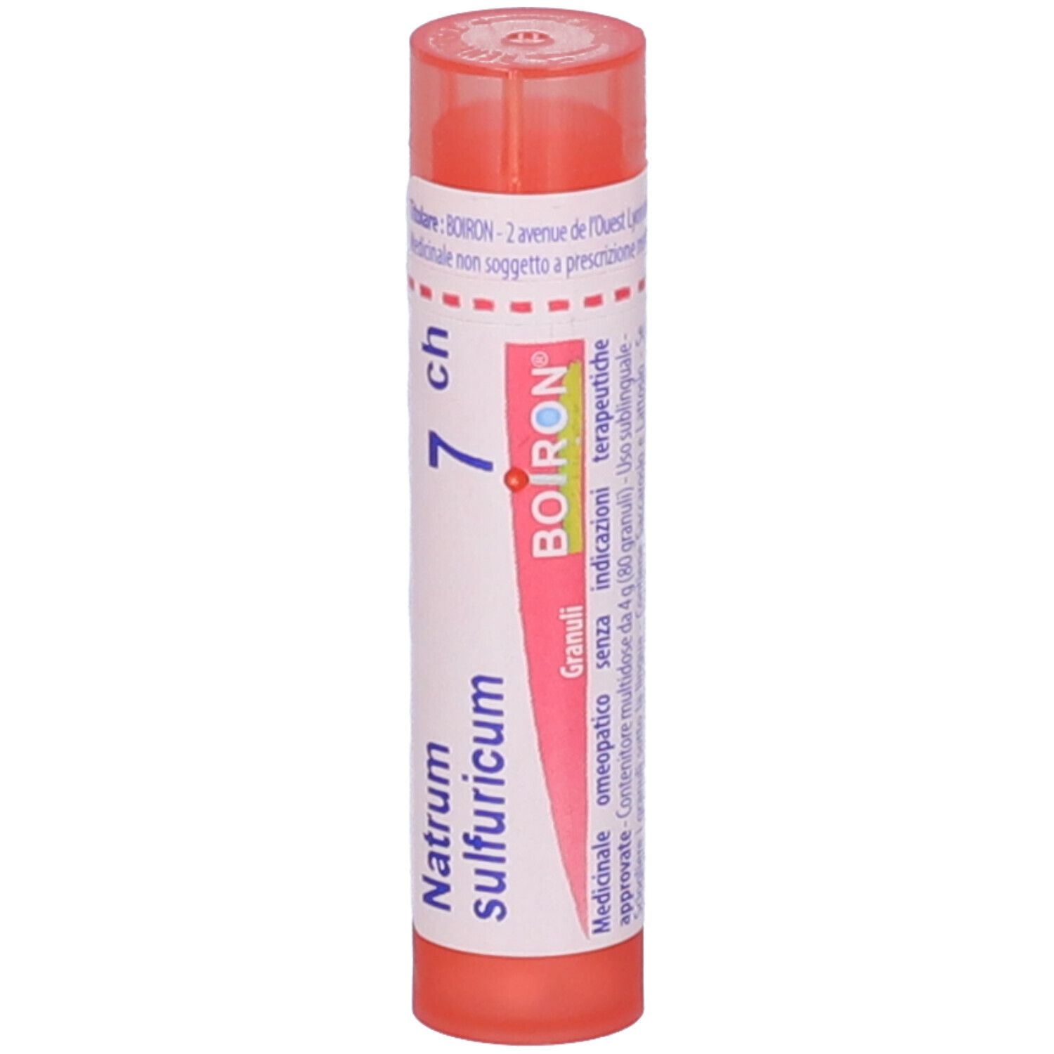 Tubo cilindrico rosso con etichetta bianca. Scritta: Natrum sulfuricum 7 ch, logo BOIRON, Granuli.
