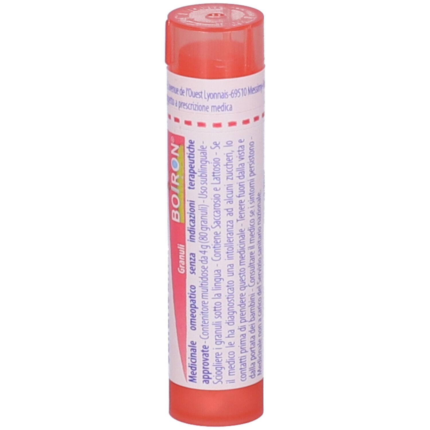 Tubo cilindrico rosso con etichetta bianca. Scritta: Natrum sulfuricum, logo BOIRON, Granuli.