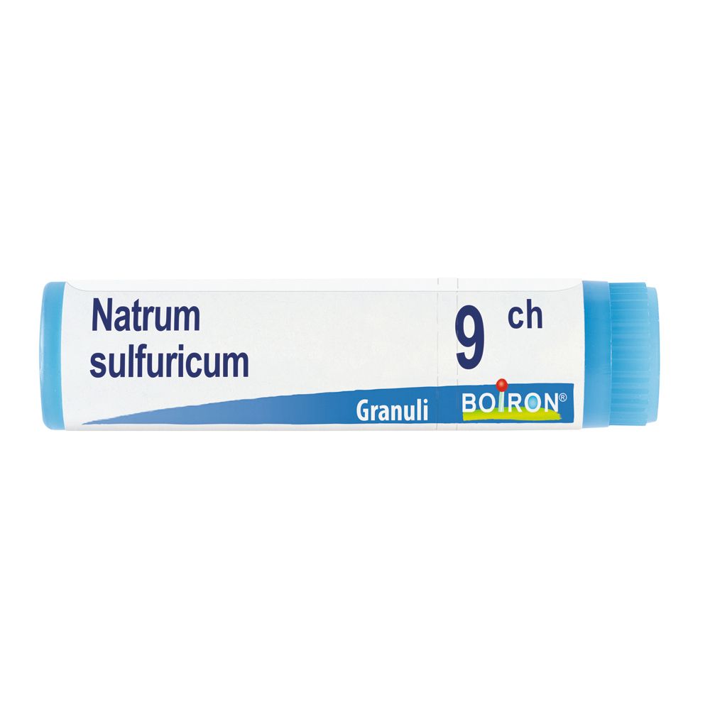 Confezione cilindrica con estremità blu. Scritta: Natrum sulfuricum 9 ch, Granuli, BOIRON.