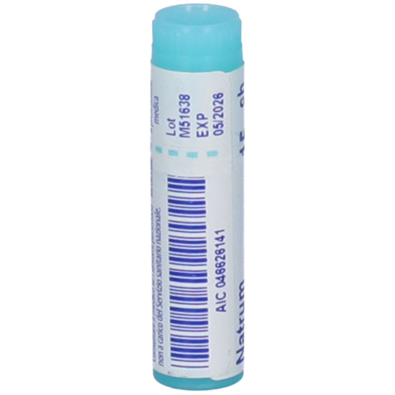 Confezione cilindrica con tappo blu. Scritta: Natrum sulfuricum, 15 ch, BOIRON, Granuli.