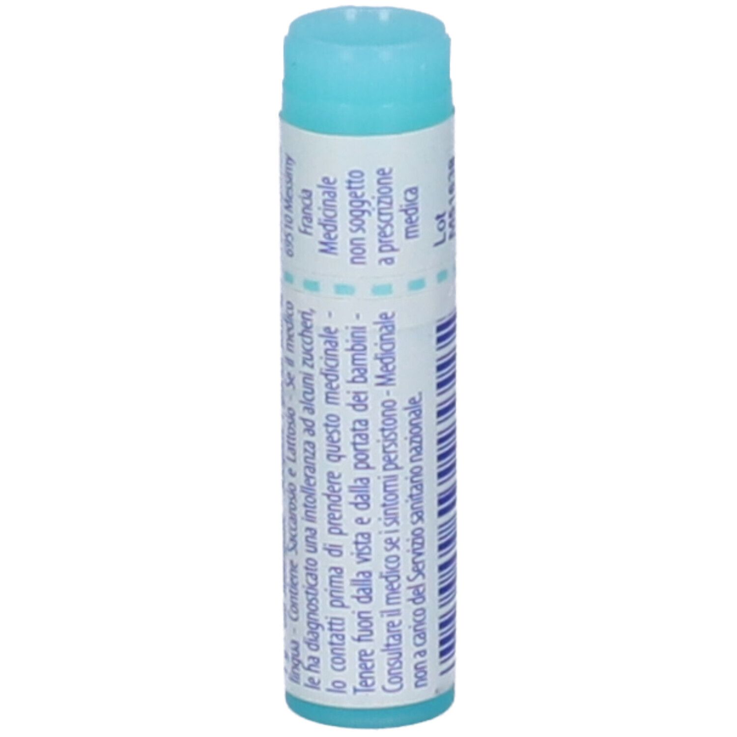 Confezione cilindrica con tappo blu. Scritta: Natrum sulfuricum, 15 ch, BOIRON, Granuli.