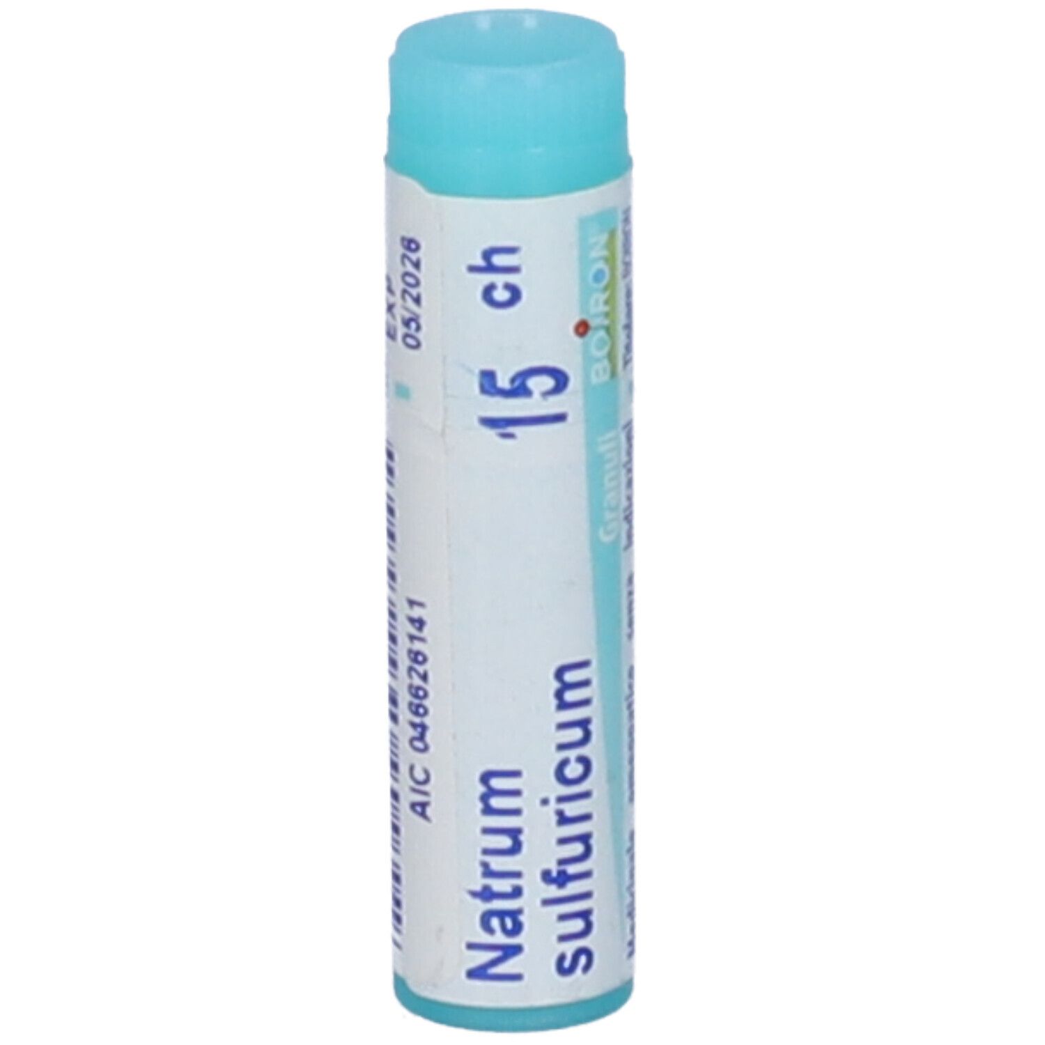 Confezione cilindrica con tappo blu. Scritta: Natrum sulfuricum, 15 ch, BOIRON, Granuli.