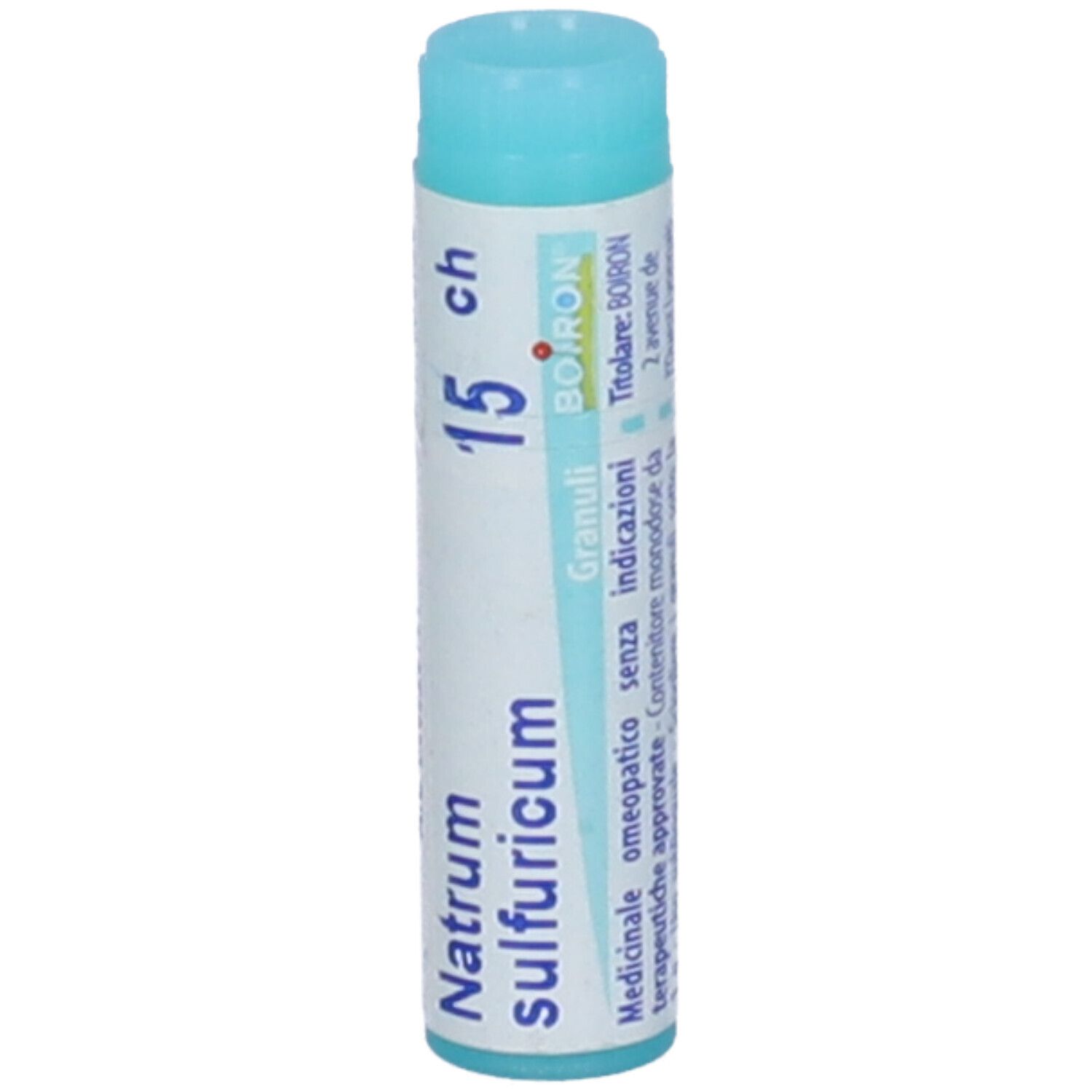 Confezione cilindrica con tappo blu. Scritta: Natrum sulfuricum, 15 ch, BOIRON, Granuli.