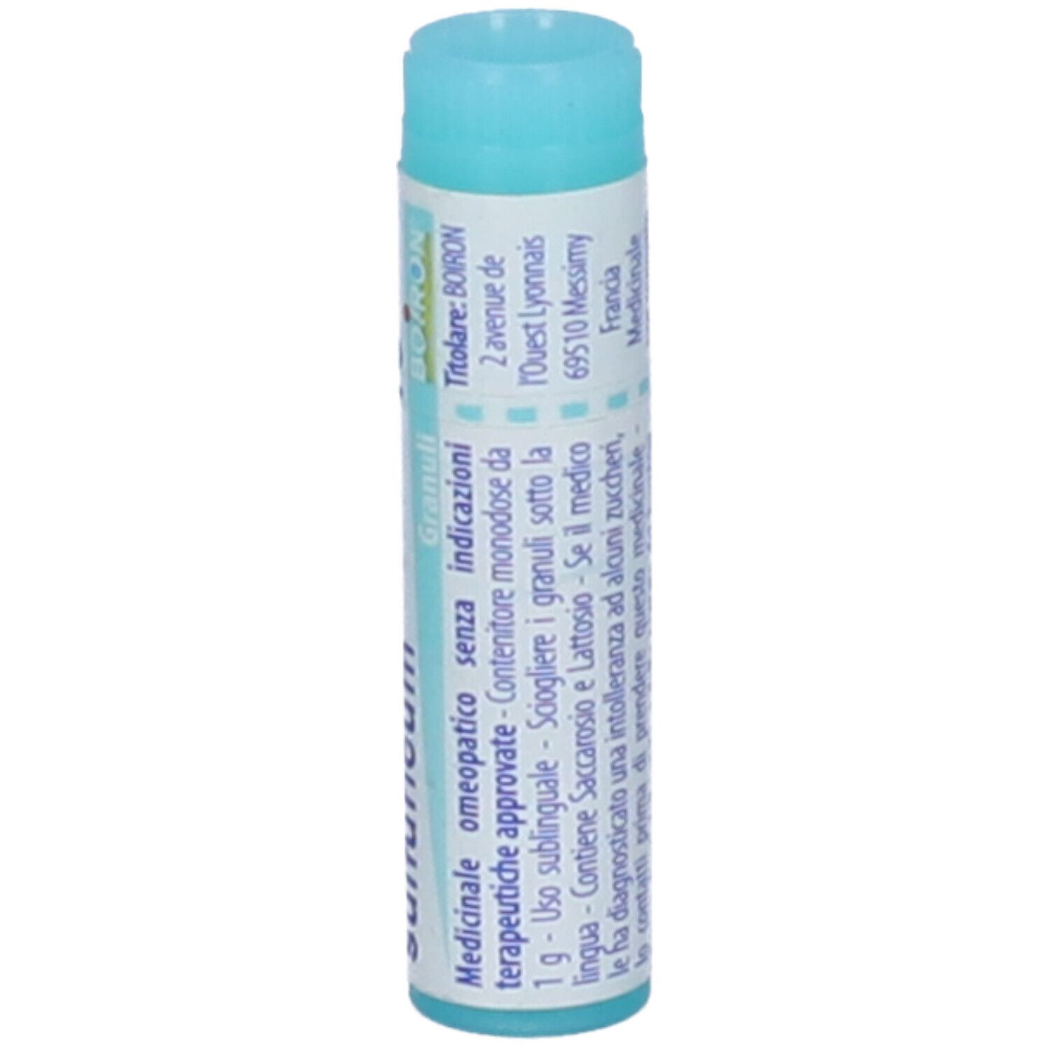 Confezione cilindrica con tappo blu. Scritta: Natrum sulfuricum, 15 ch, BOIRON, Granuli.