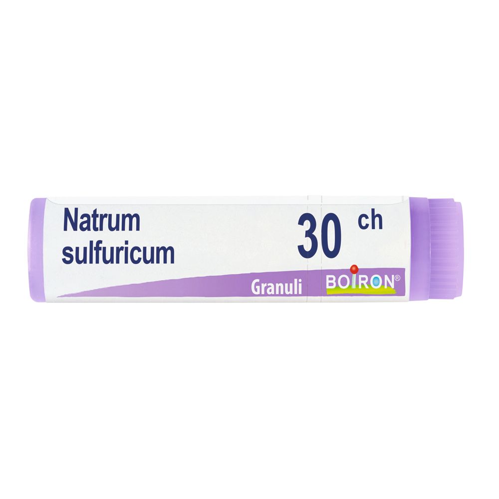 Confezione cilindrica con tappo lilla. Scritte: Natrum sulfuricum, 30 ch, Granuli, Boiron.