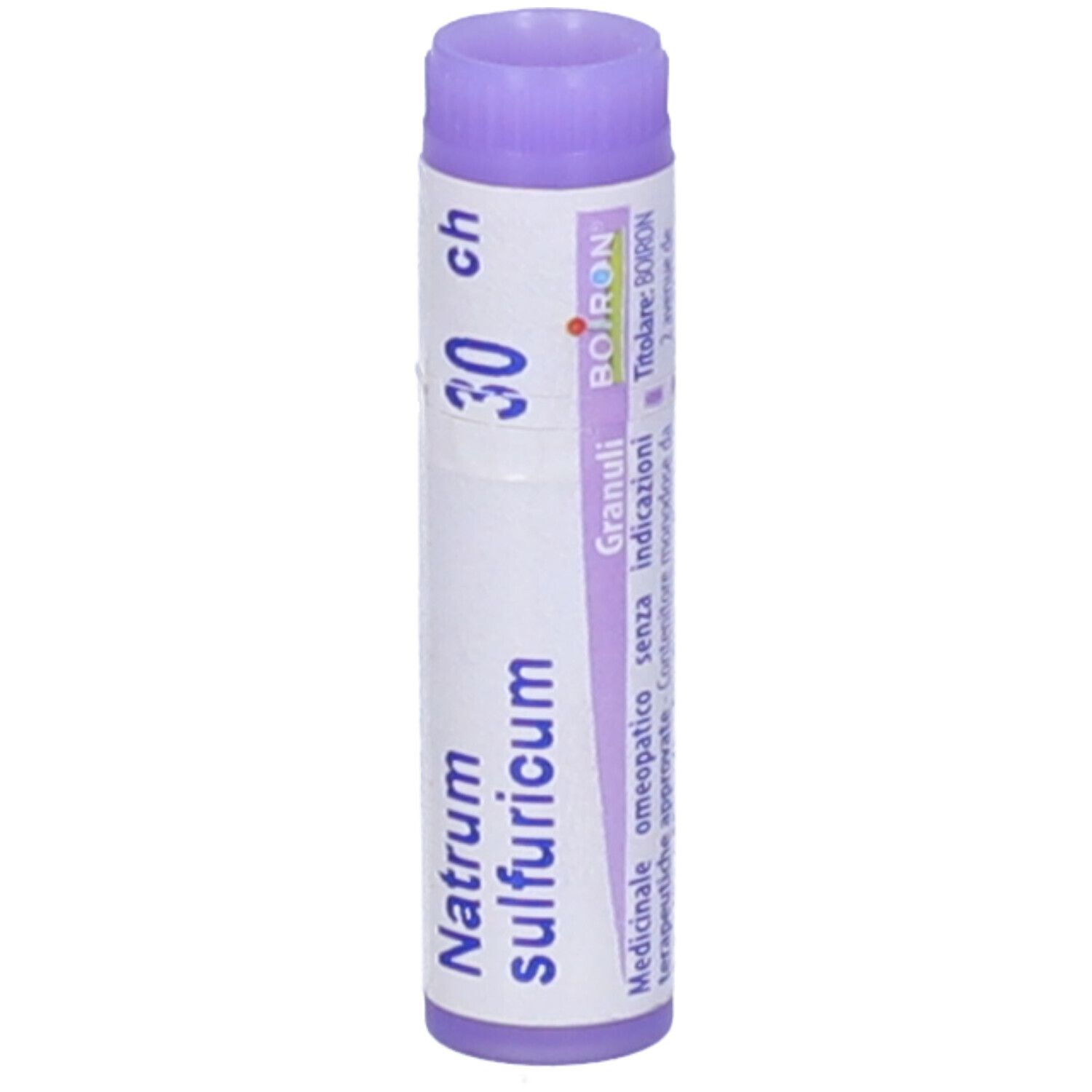 Confezione cilindrica con tappo lilla. Scritte: Natrum sulfuricum, 30 ch, Granuli, Boiron.