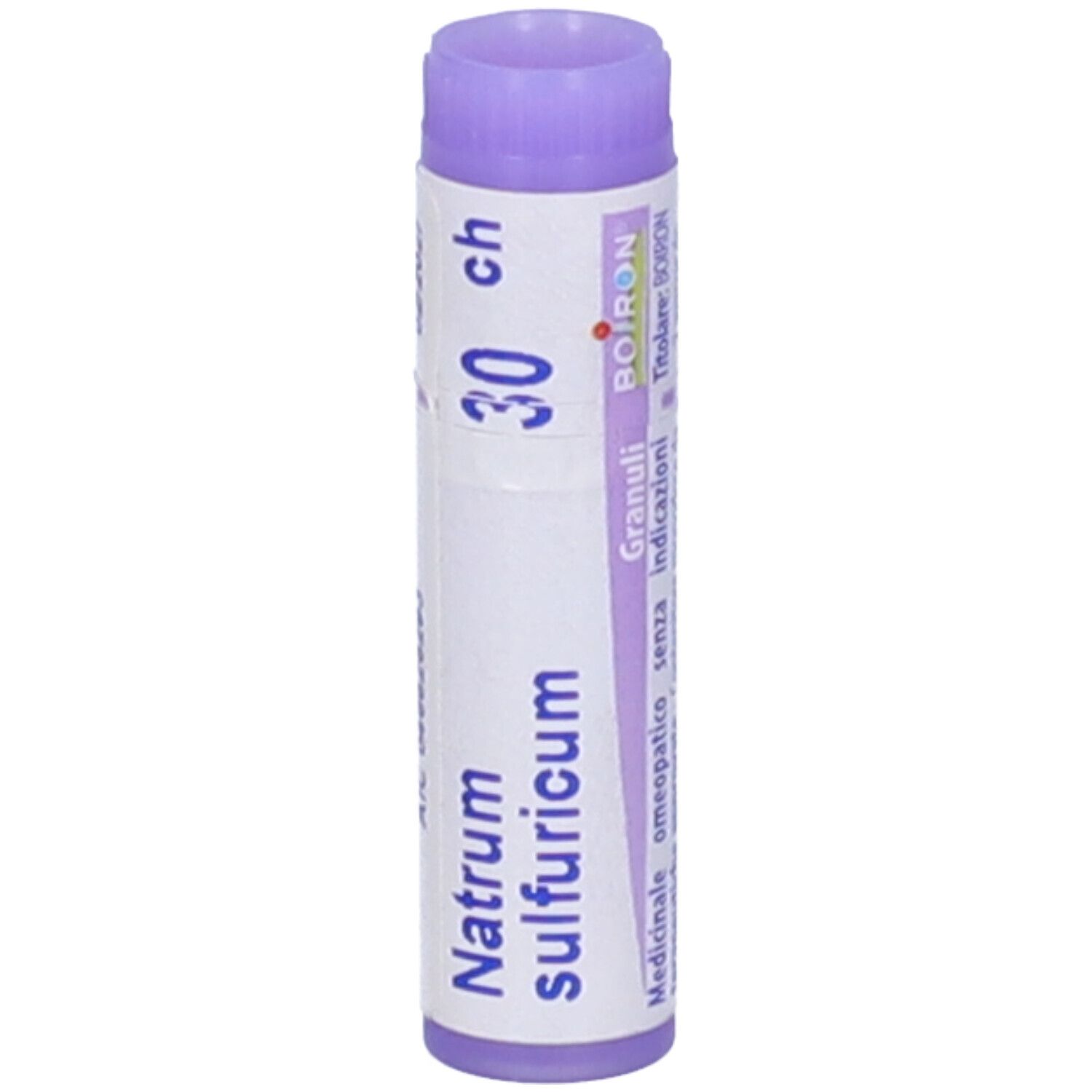 Confezione cilindrica con tappo lilla. Scritte: Natrum sulfuricum, 30 ch, Granuli, Boiron.
