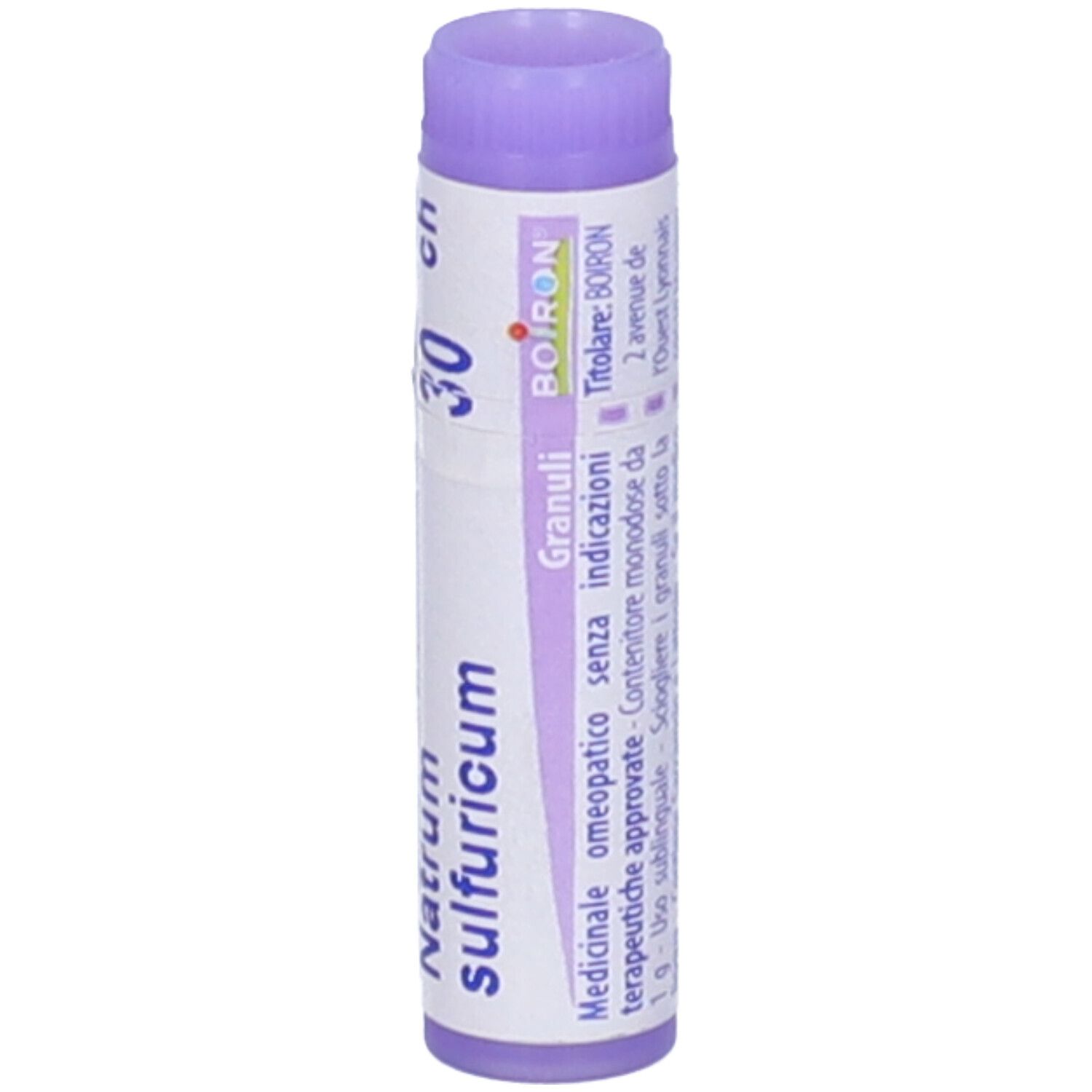 Confezione cilindrica con tappo lilla. Scritte: Natrum sulfuricum, 30 ch, Granuli, Boiron.