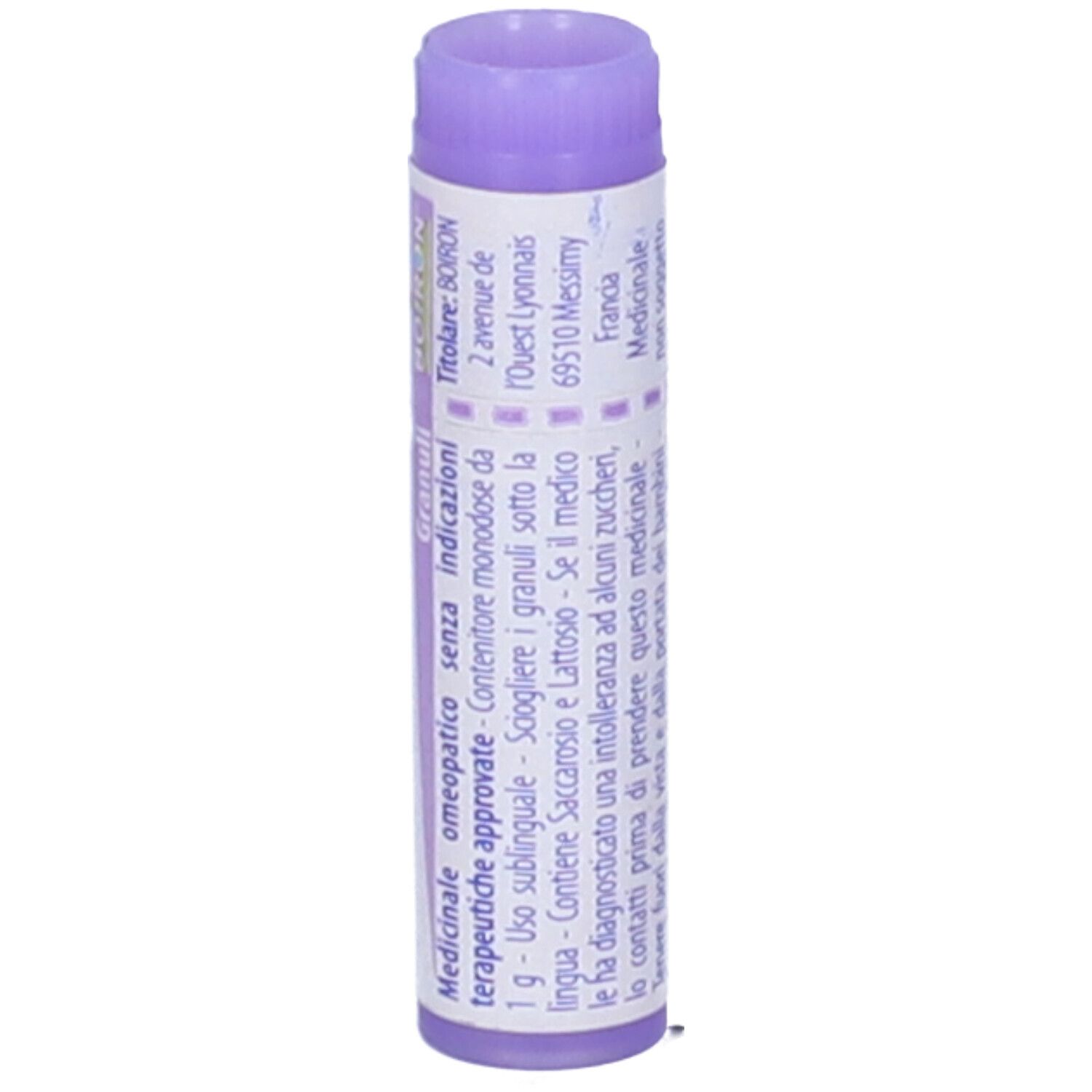 Confezione cilindrica con tappo lilla. Scritte: Natrum sulfuricum, 30 ch, Granuli, Boiron. Testo in italiano.