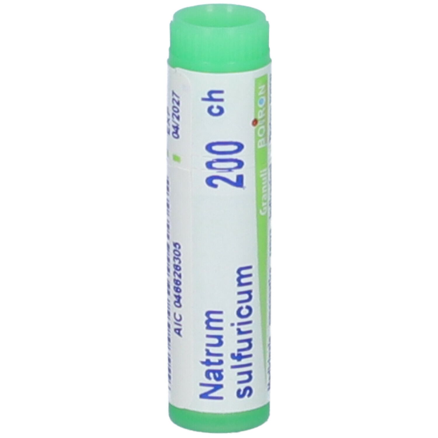 Confezione cilindrica con tappo verde. Scritte: Natrum sulfuricum, 200 ch, BOIRON. Scadenza 04/2027.