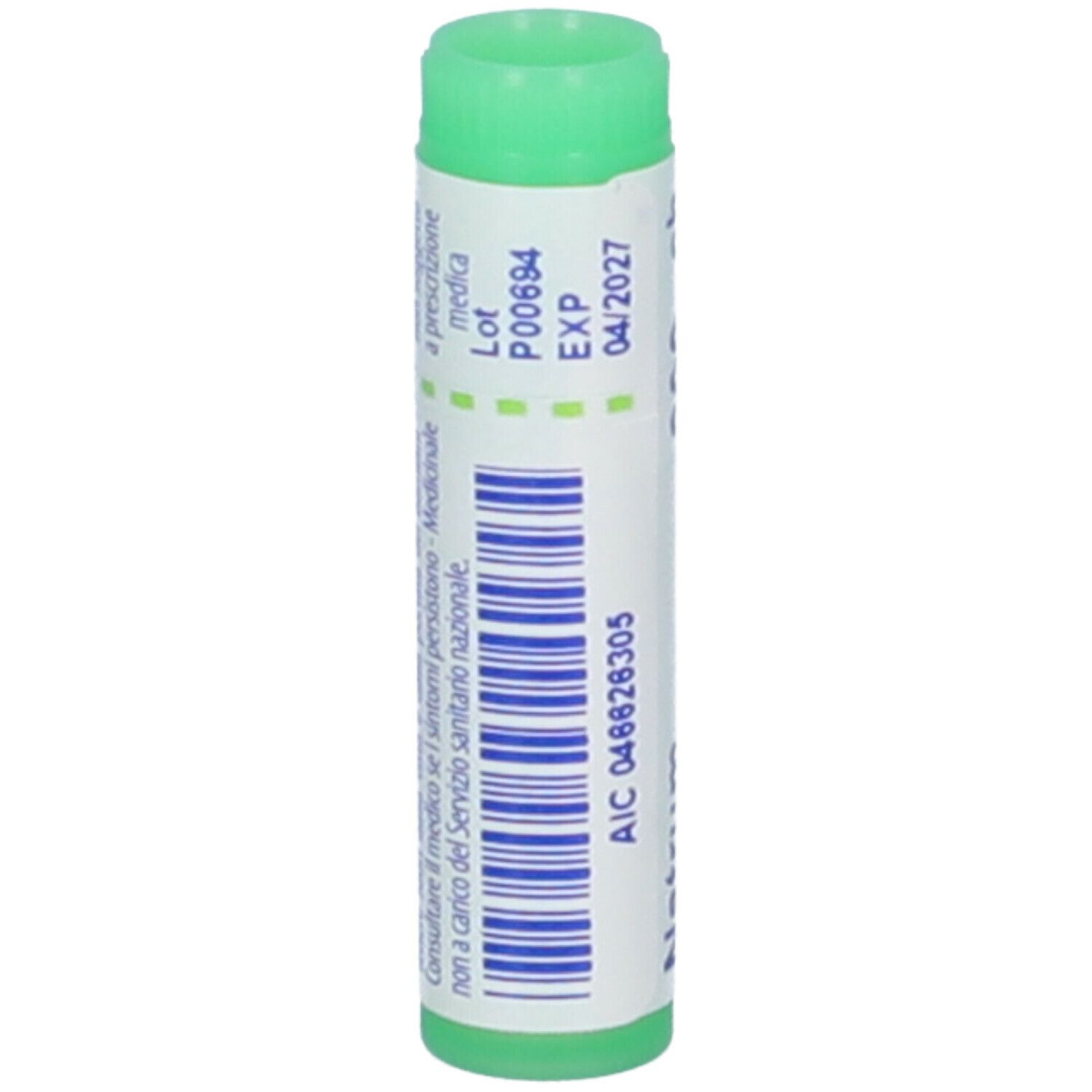Confezione cilindrica con tappo verde. Scritte: Natrum sulfuricum, 200 ch, BOIRON. Scadenza 04/2027. Codice a barre.