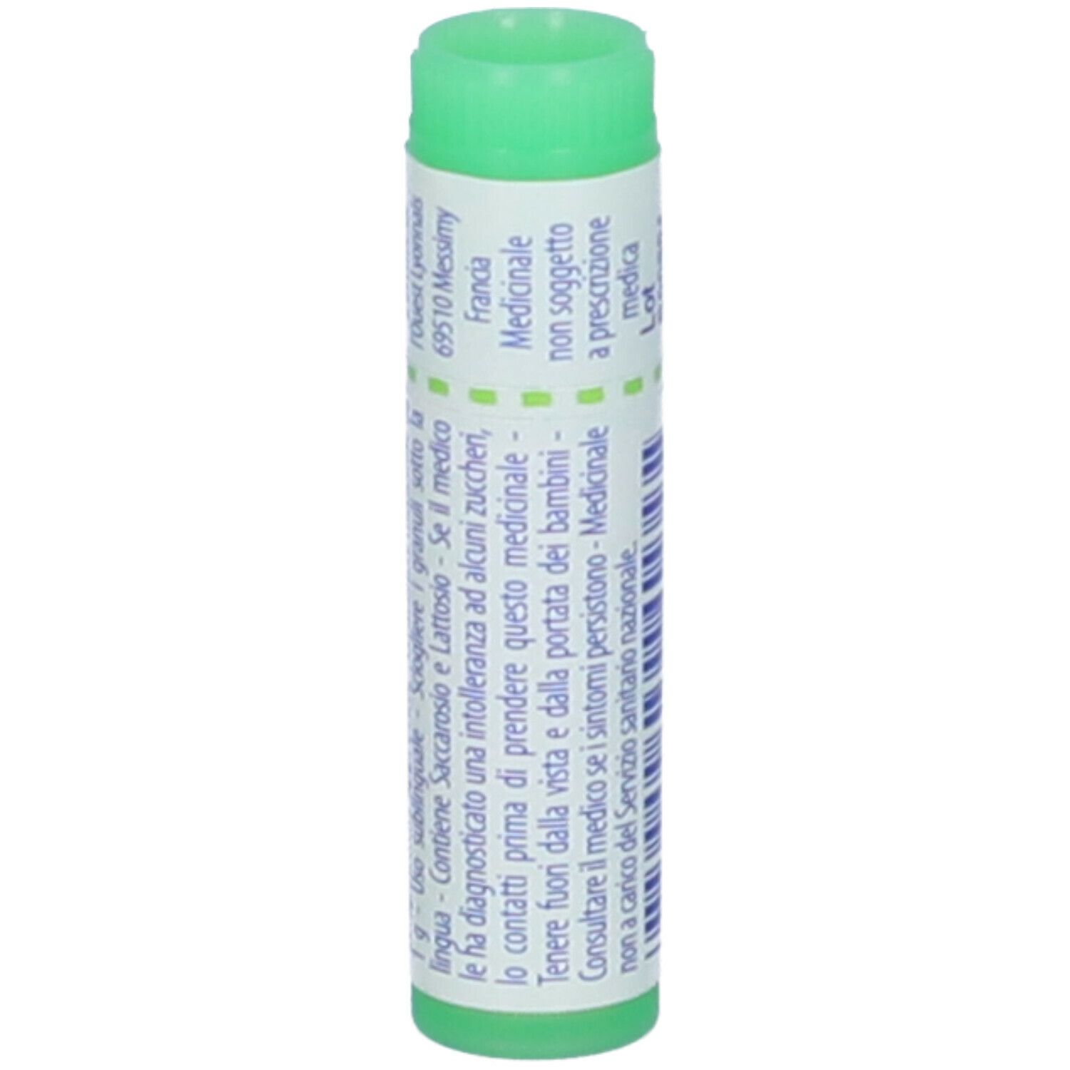 Confezione cilindrica con tappo verde. Scritte e codice a barre. Testo in italiano.