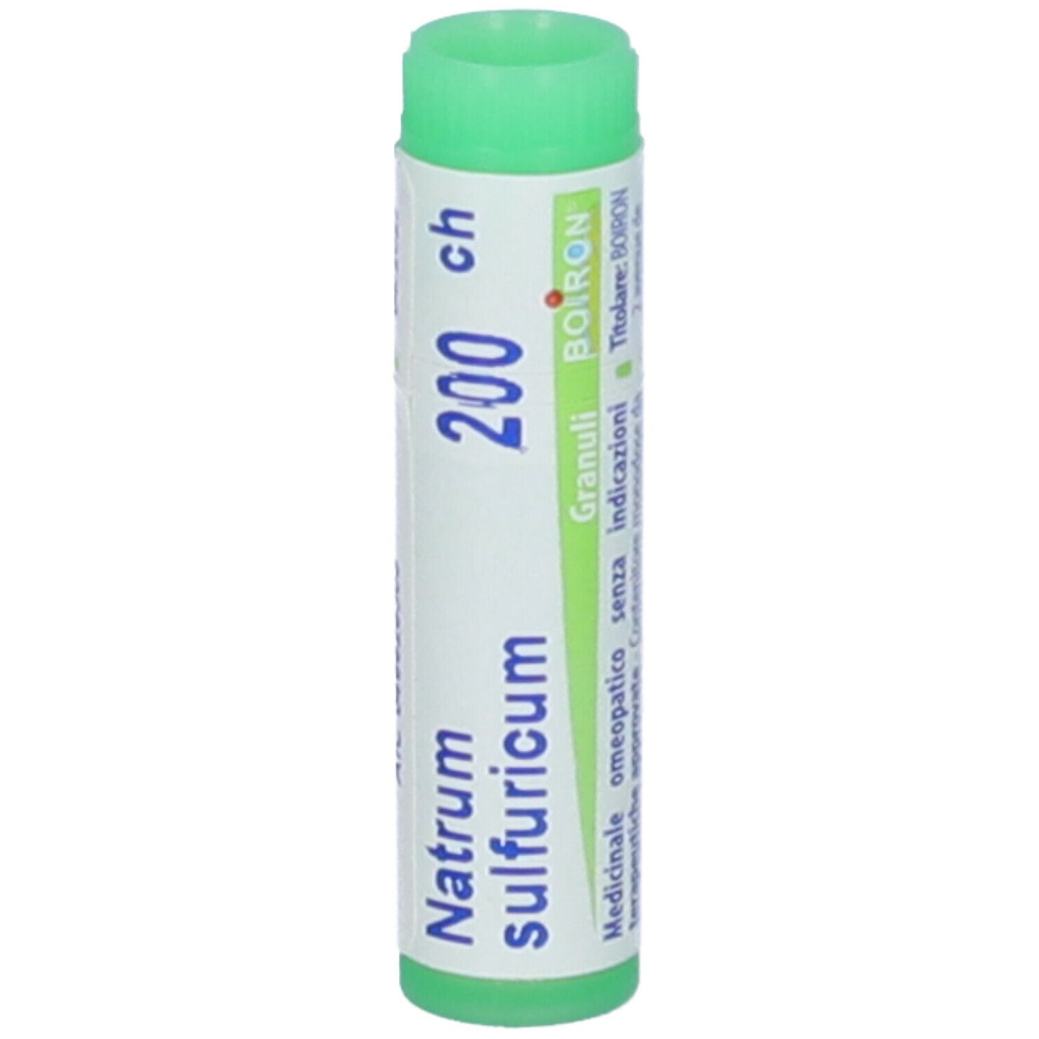 Confezione cilindrica con tappo verde. Scritte: Natrum sulfuricum, 200 ch, BOIRON. Testo in italiano.