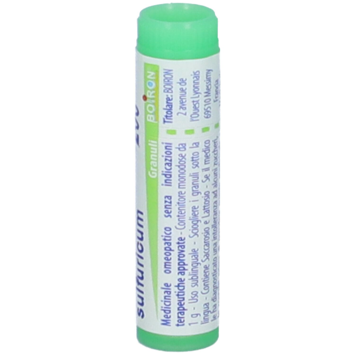 Confezione cilindrica con tappo verde. Scritte: Natrum sulfuricum, 200 ch, BOIRON. Testo in italiano.