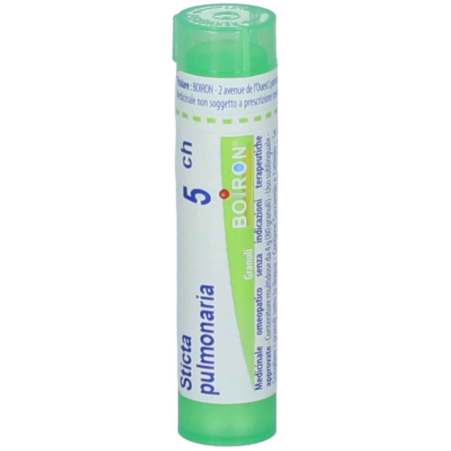 Tubo verde con etichetta bianca. Scritta: Sticta pulmonaria 5 ch, Boiron. Prodotto medico. Vista dettagliata.