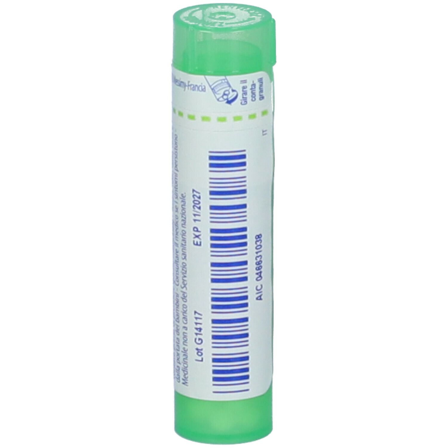 Tubo verde con etichetta bianca. Scritta: Sticta pulmonaria, EXP 11/2027. Prodotto medico. Vista dettagliata.