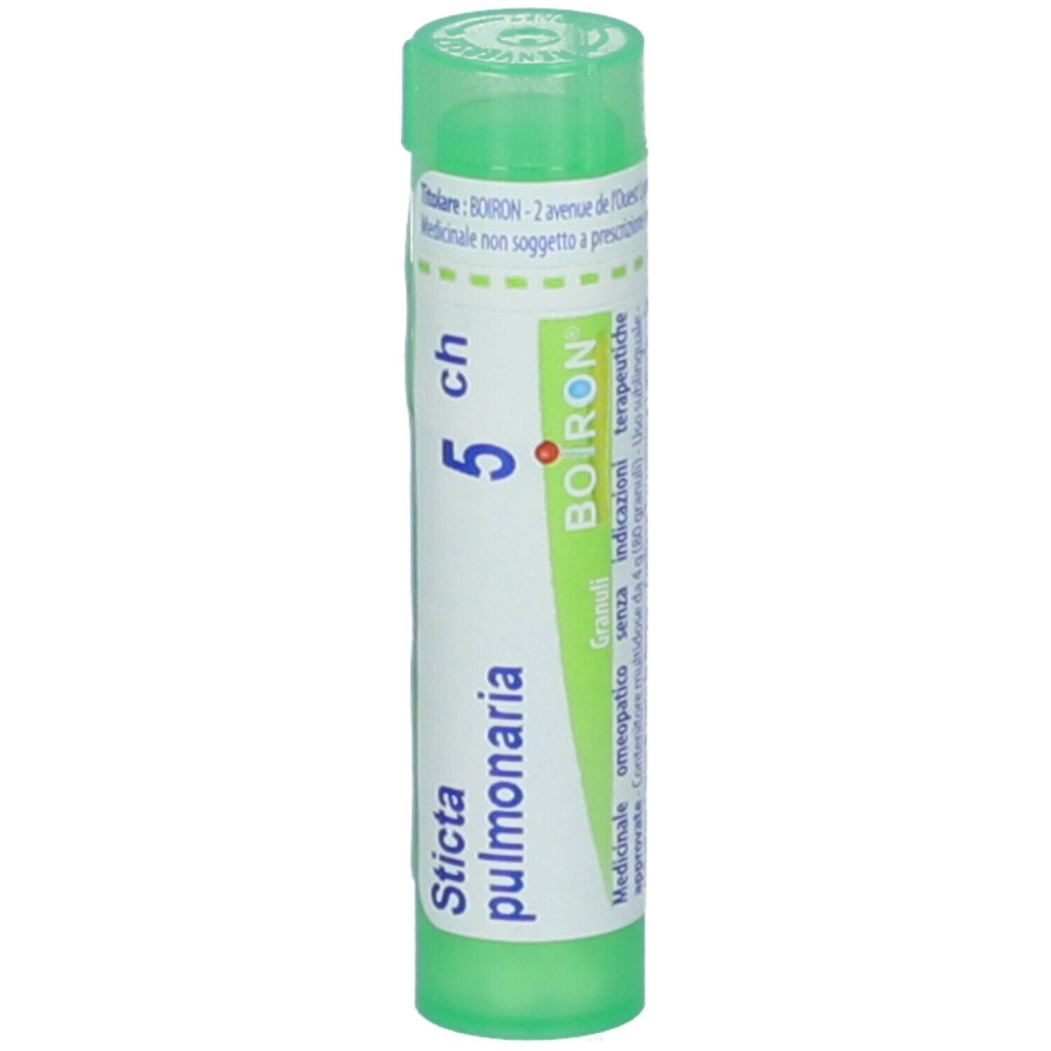 Tubo verde con etichetta bianca. Scritta: Sticta pulmonaria 5 ch, Boiron. Prodotto medico. Vista dettagliata.