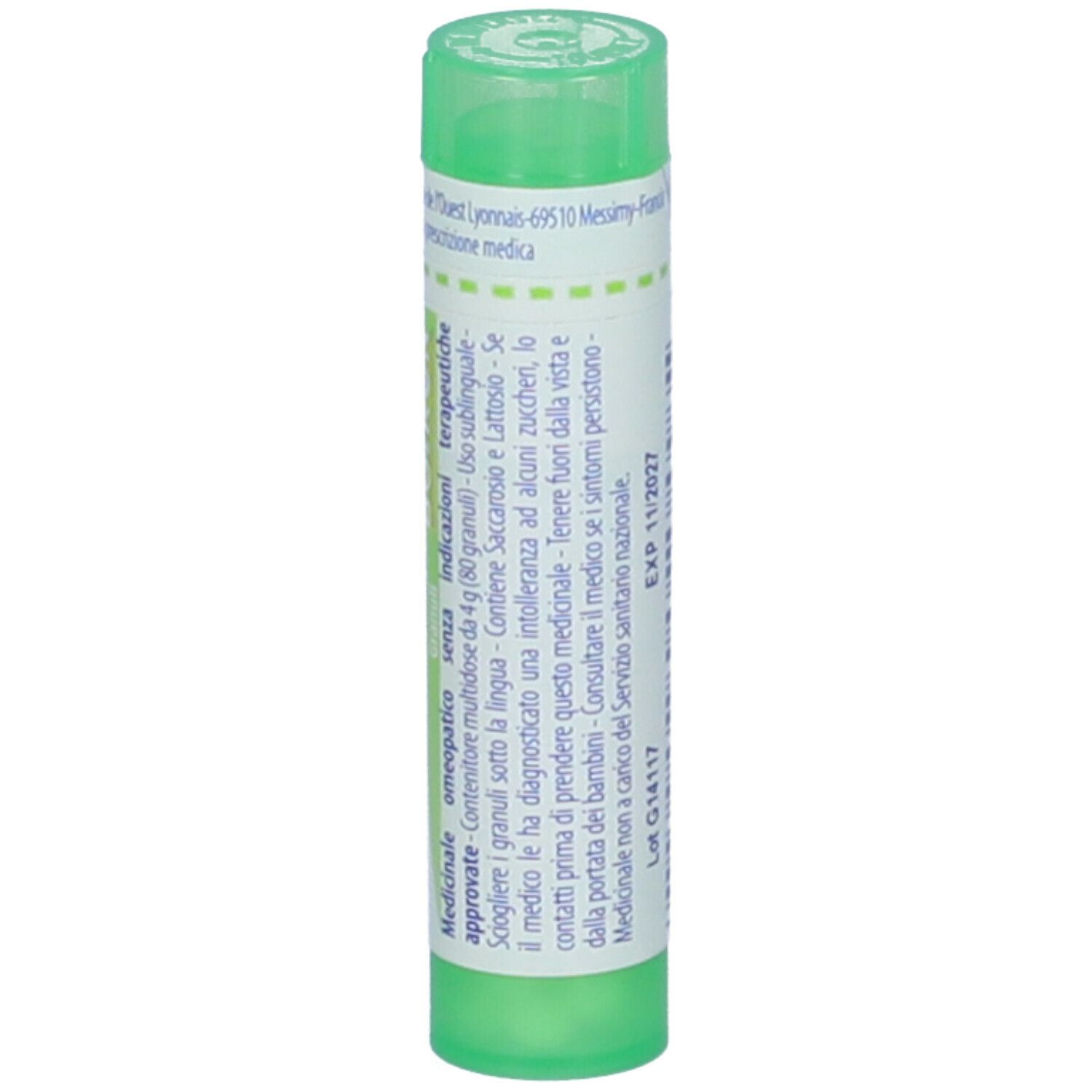Tubo verde con etichetta bianca. Scritta: Sticta pulmonaria, EXP 11/2027. Prodotto medico. Vista dettagliata.