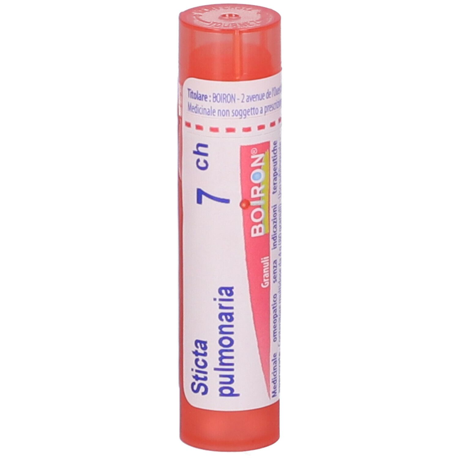 Confezione cilindrica, tappo rosa. Scritta: Sticta pulmonaria 7 ch, Boiron. Orientamento verticale.