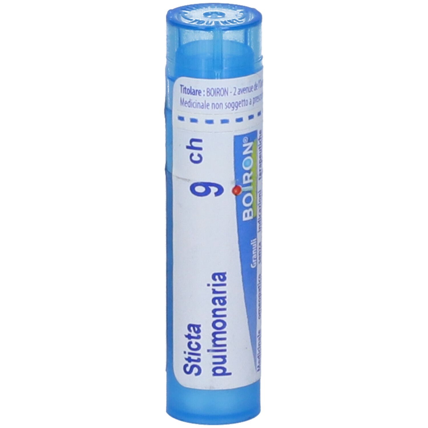 Confezione cilindrica blu. Scritte: Sticta pulmonaria, 9 ch, BOIRON, Granuli.