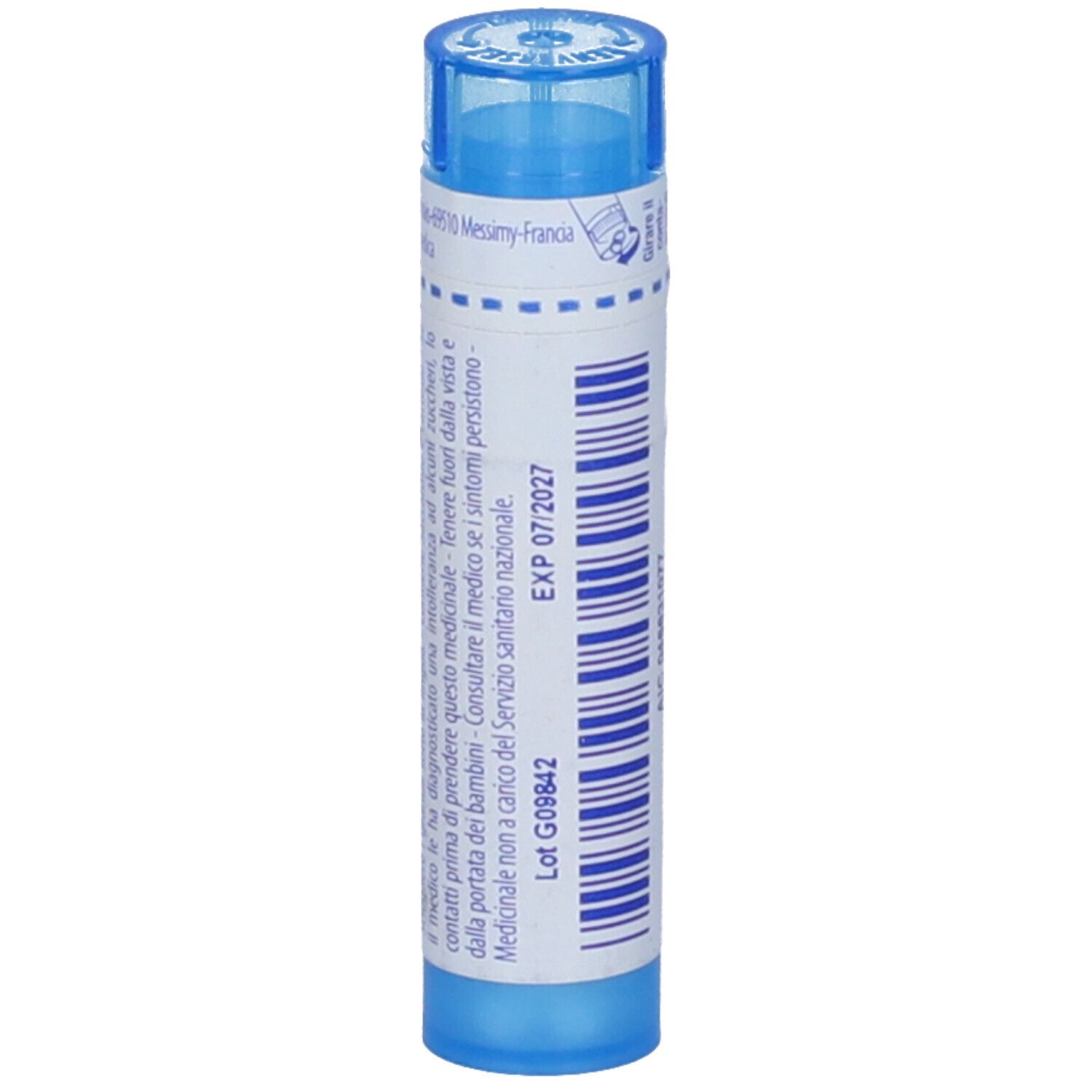 Confezione cilindrica blu. Scritte: EXP 07/2027, Lot G09842.