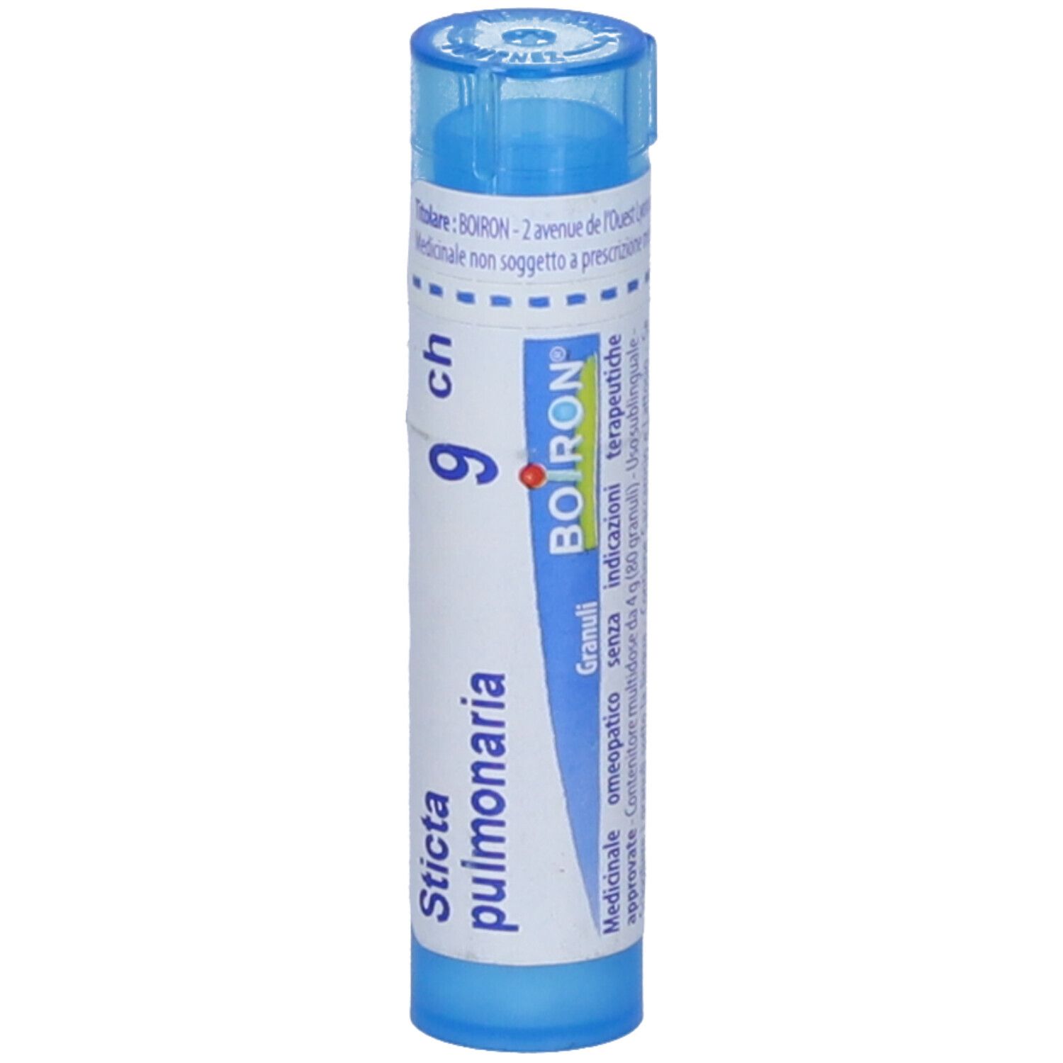 Confezione cilindrica blu. Scritte: Sticta pulmonaria, 9 ch, BOIRON, Granuli.