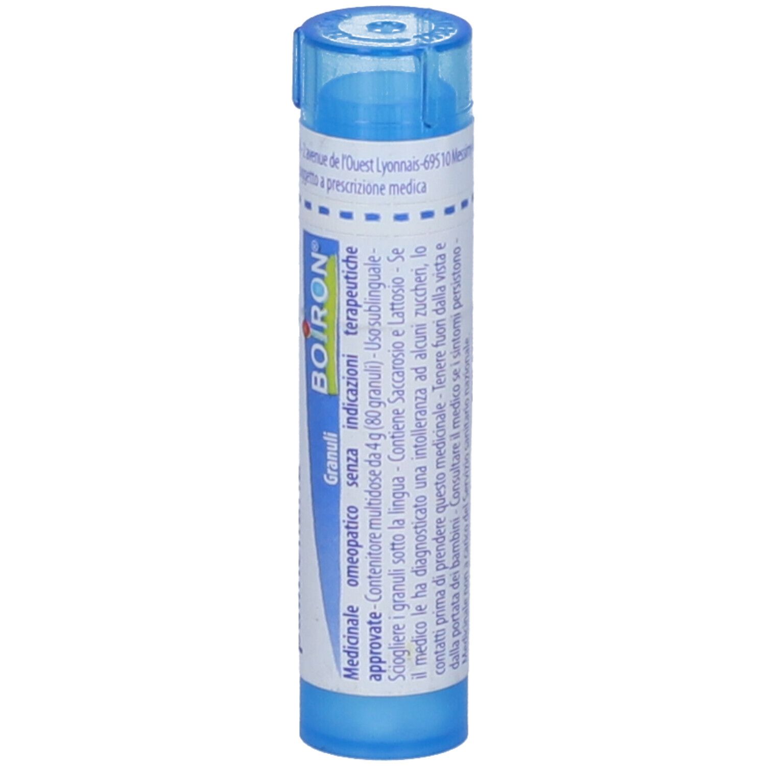 Confezione cilindrica blu. Scritte: BOIRON, Granuli, Medicinale, indicazioni, terapeutico.