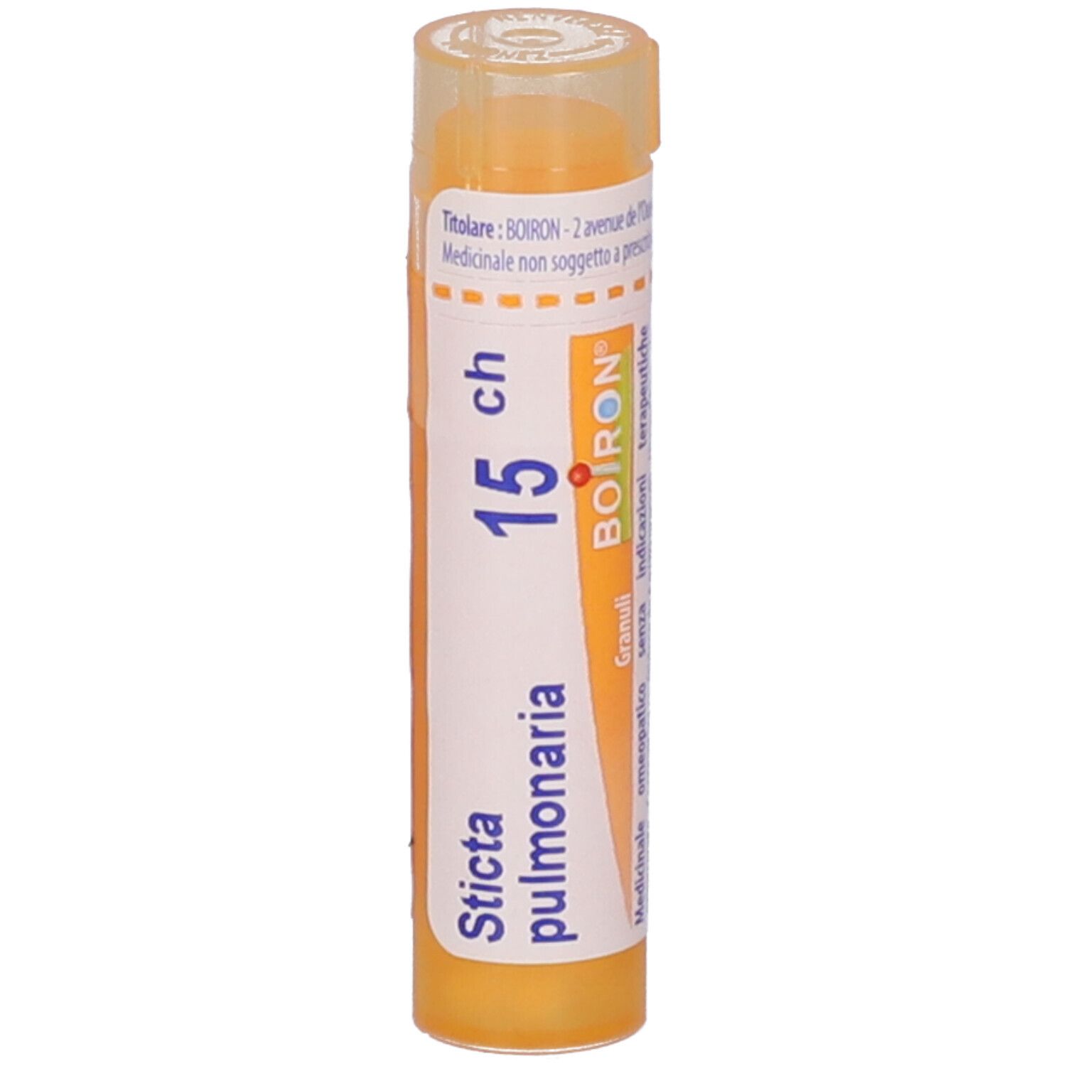 Tubo giallo con 'Sticta pulmonaria 15 ch BOIRON'.
