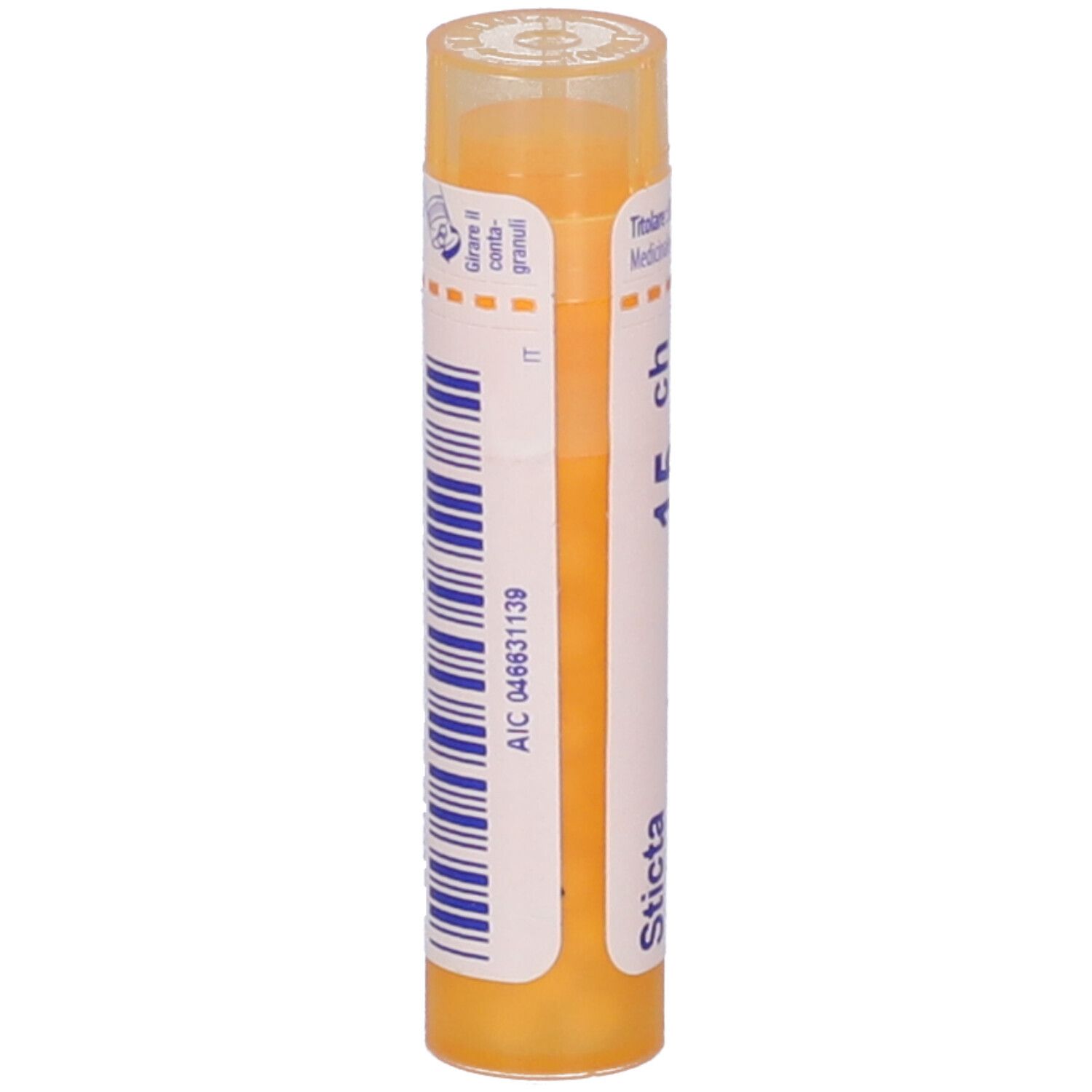 Tubo giallo con 'Sticta' e '15 ch'.