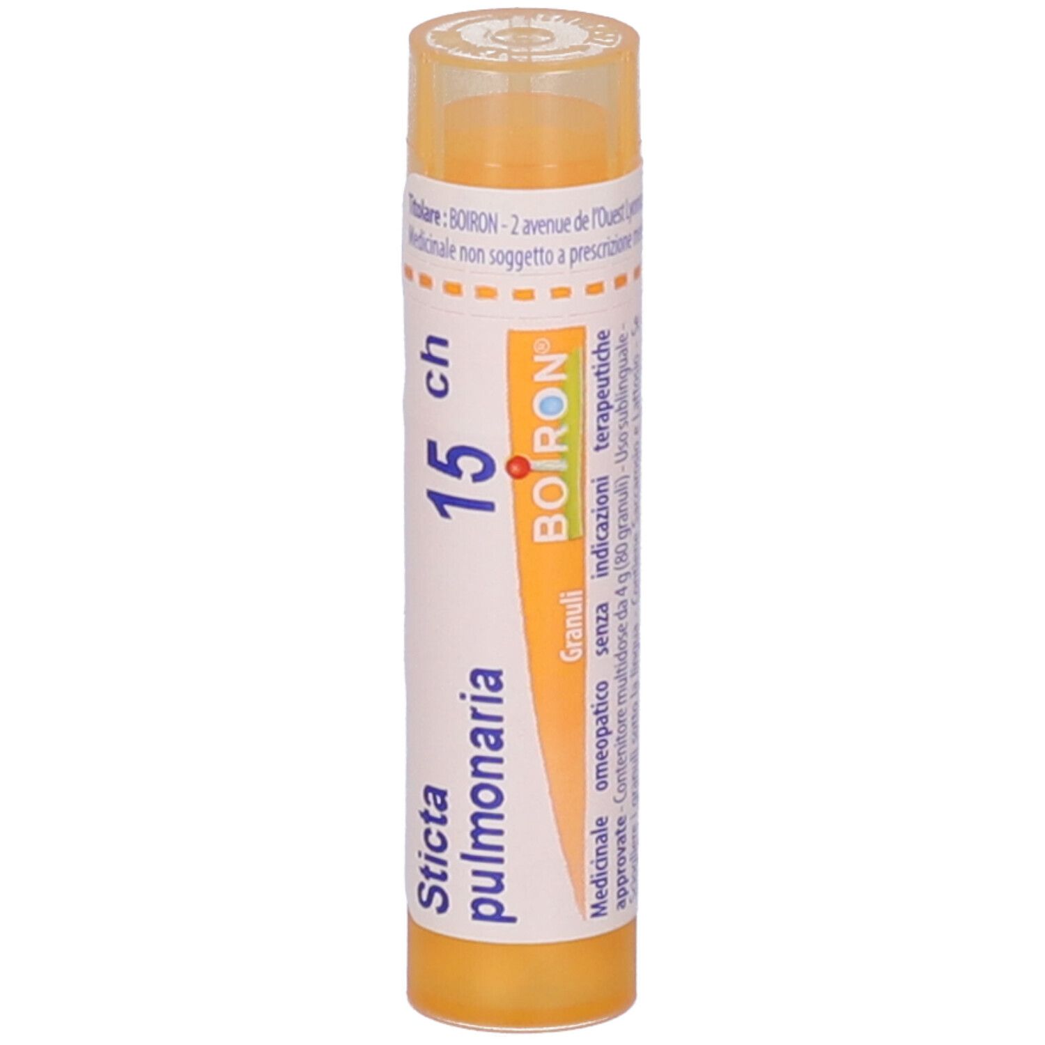 Tubo giallo con 'Sticta pulmonaria 15 ch BOIRON'.