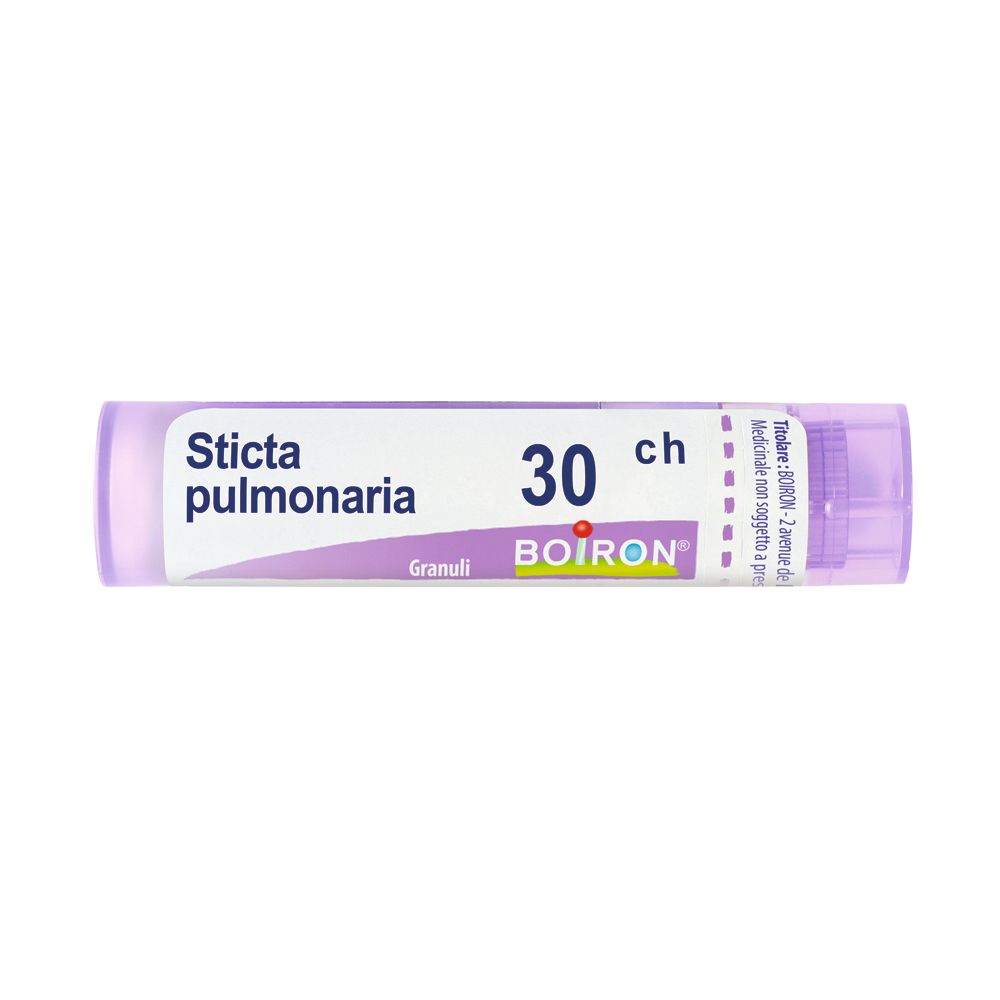 Flacone cilindrico viola. Scritte: Sticta pulmonaria, 30 ch, BOIRON, Granuli.