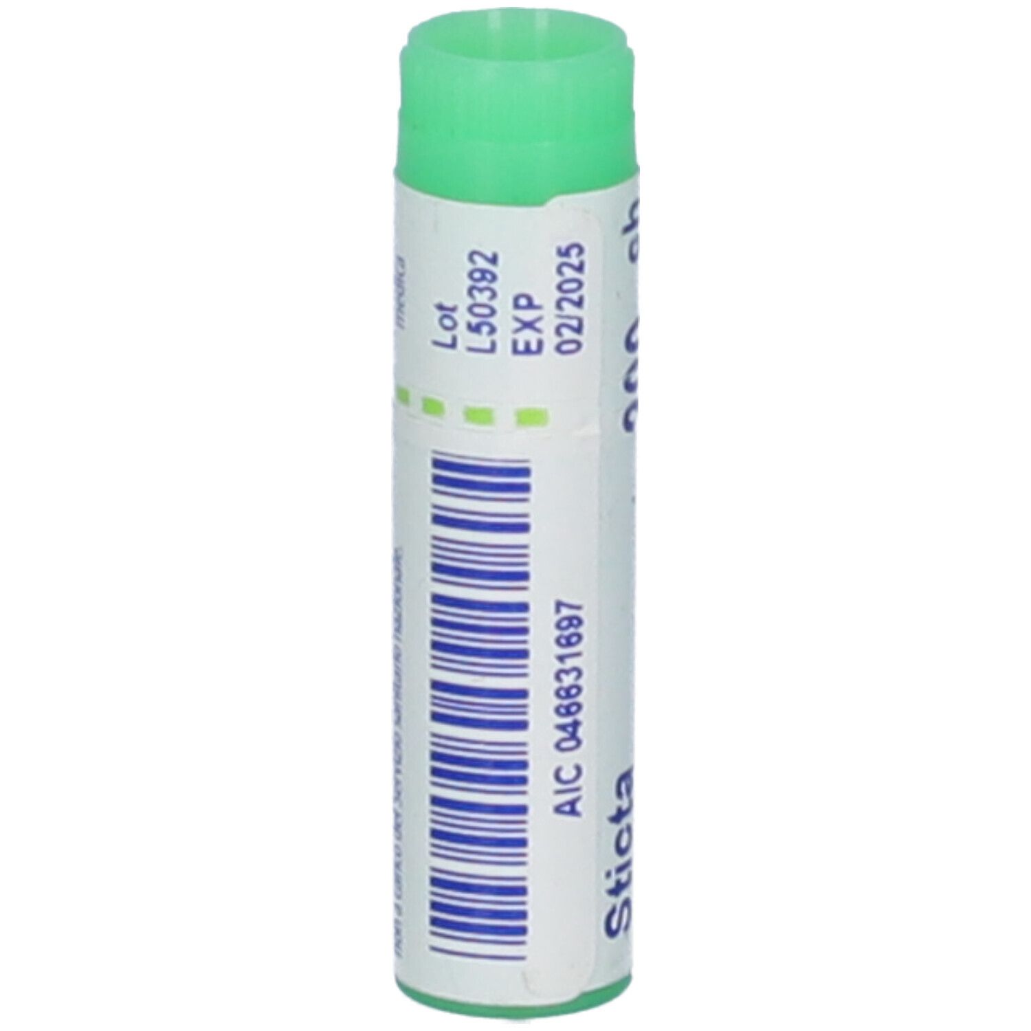 Tubo cilindrico con tappo verde. Codice a barre e scritta: Sticta pulmonaria. Scadenza 02/2025.
