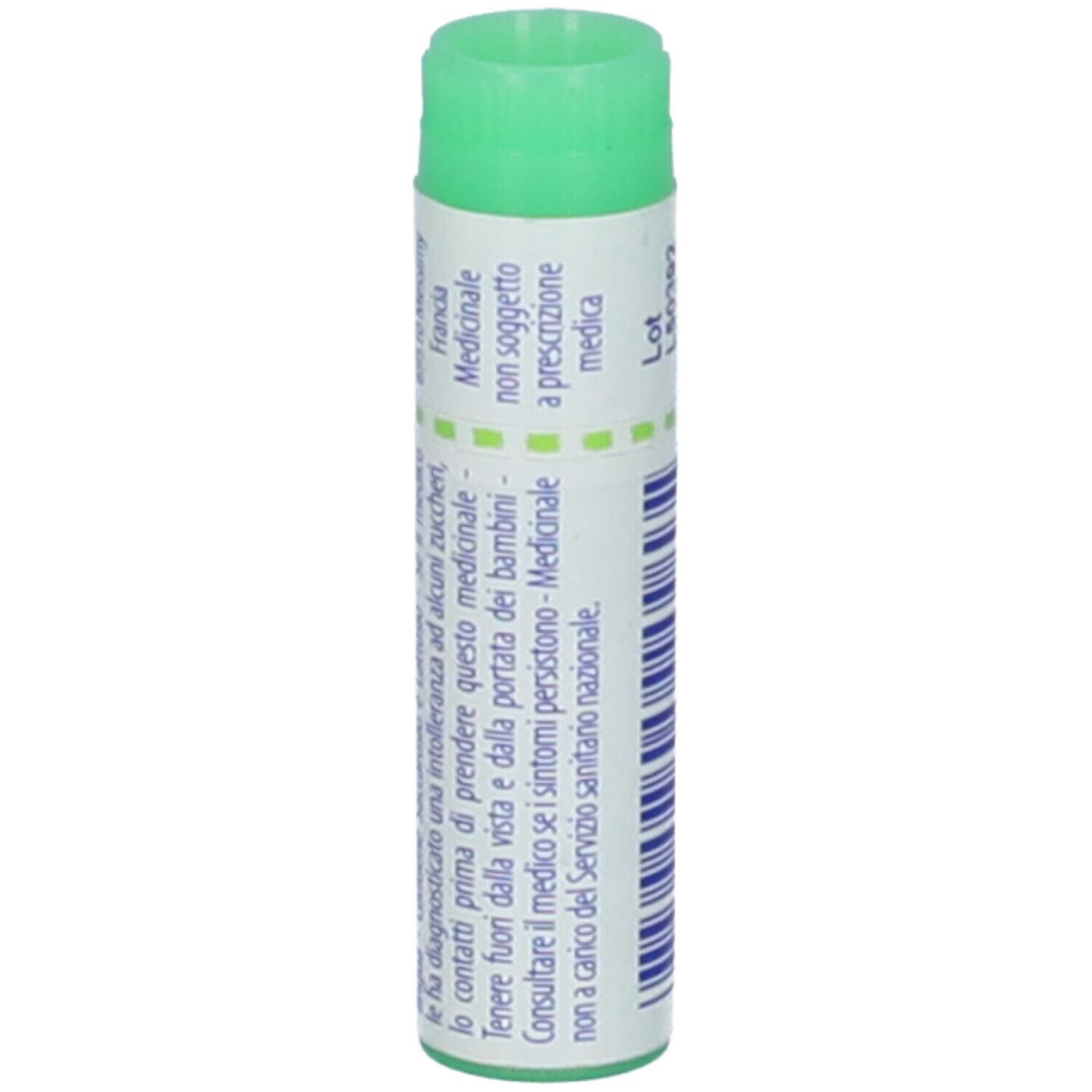 Tubo cilindrico con tappo verde. Scritta: Sticta pulmonaria. Testo in italiano.
