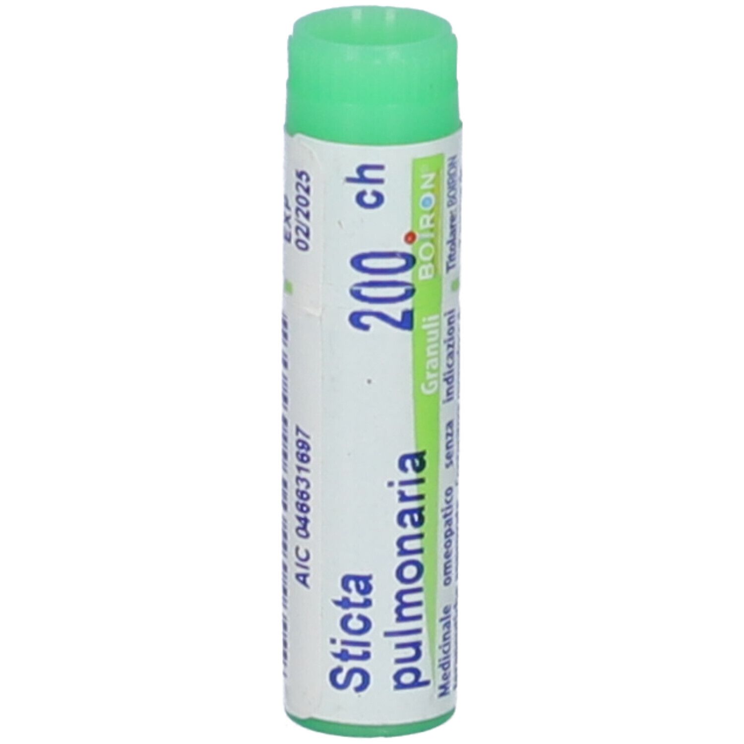 Tubo cilindrico con tappo verde. Scritta: Sticta pulmonaria, 200 ch, BOIRON. Scadenza 02/2025.