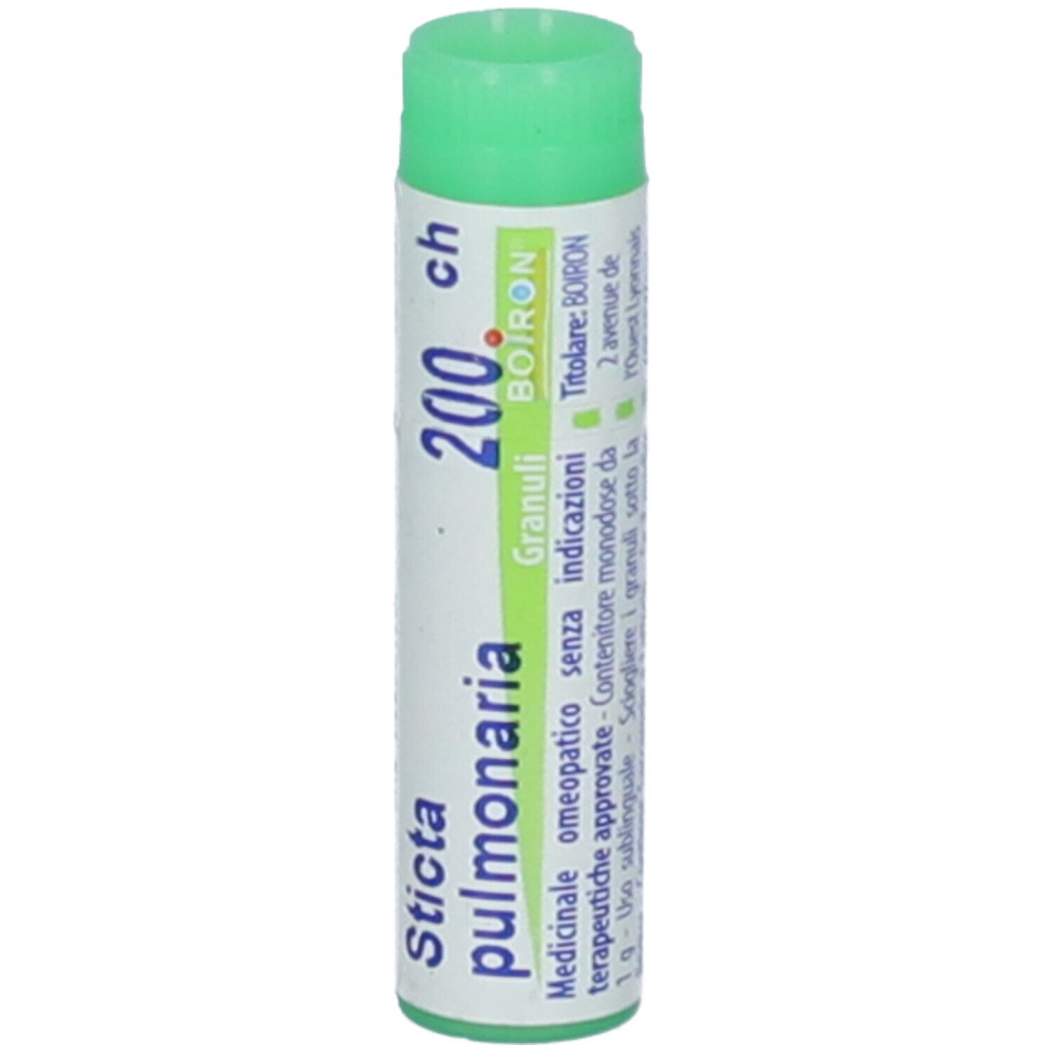 Tubo cilindrico con tappo verde. Scritta: Sticta pulmonaria, 200 ch, BOIRON. Ulteriori informazioni.