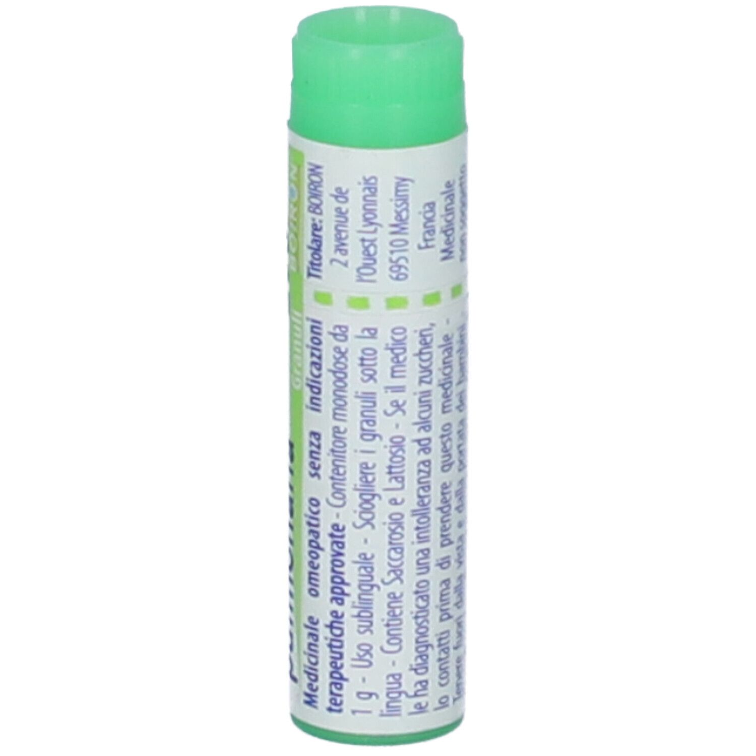 Tubo cilindrico con tappo verde. Scritta: Sticta pulmonaria, 200 ch, BOIRON. Indirizzo.