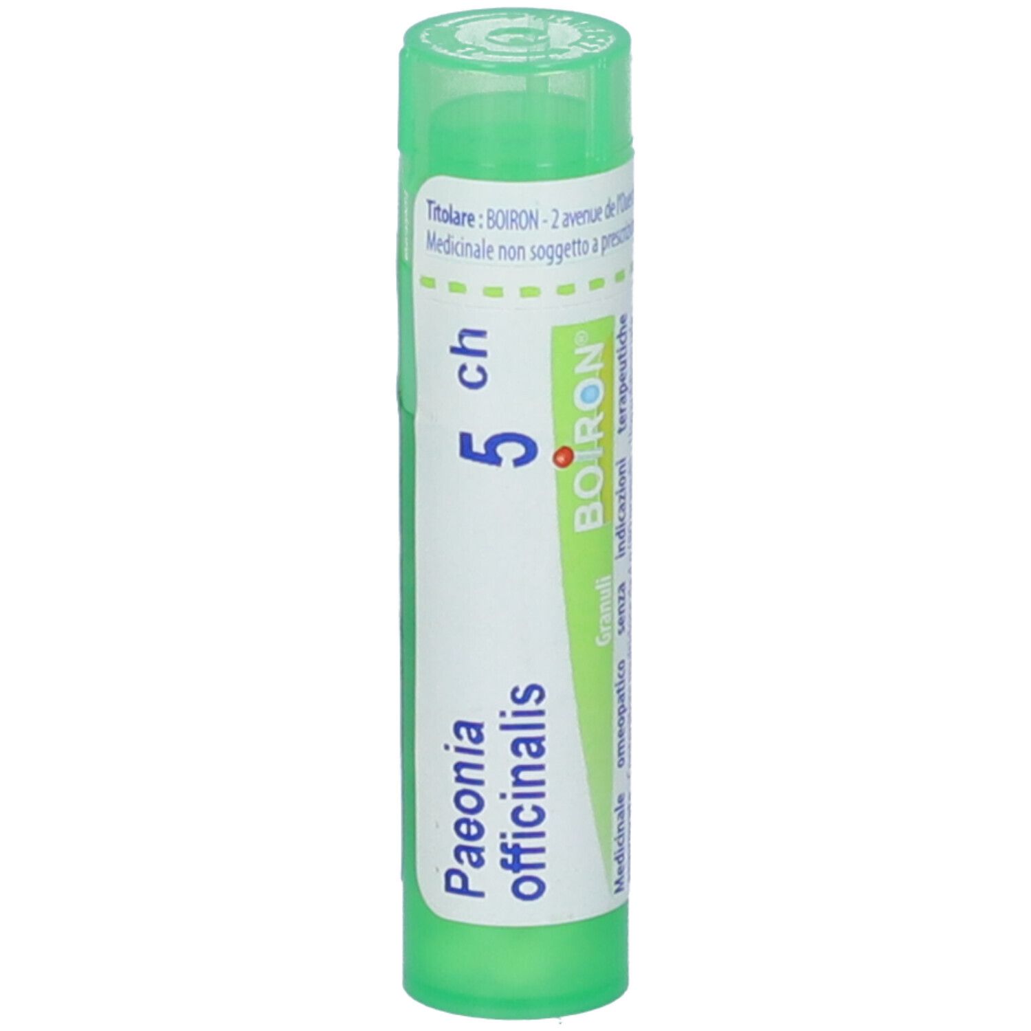 Tubo verde con etichetta bianca. Scritte: Paeonia officinalis, 5 ch, BOIRON. Tappo verde.
