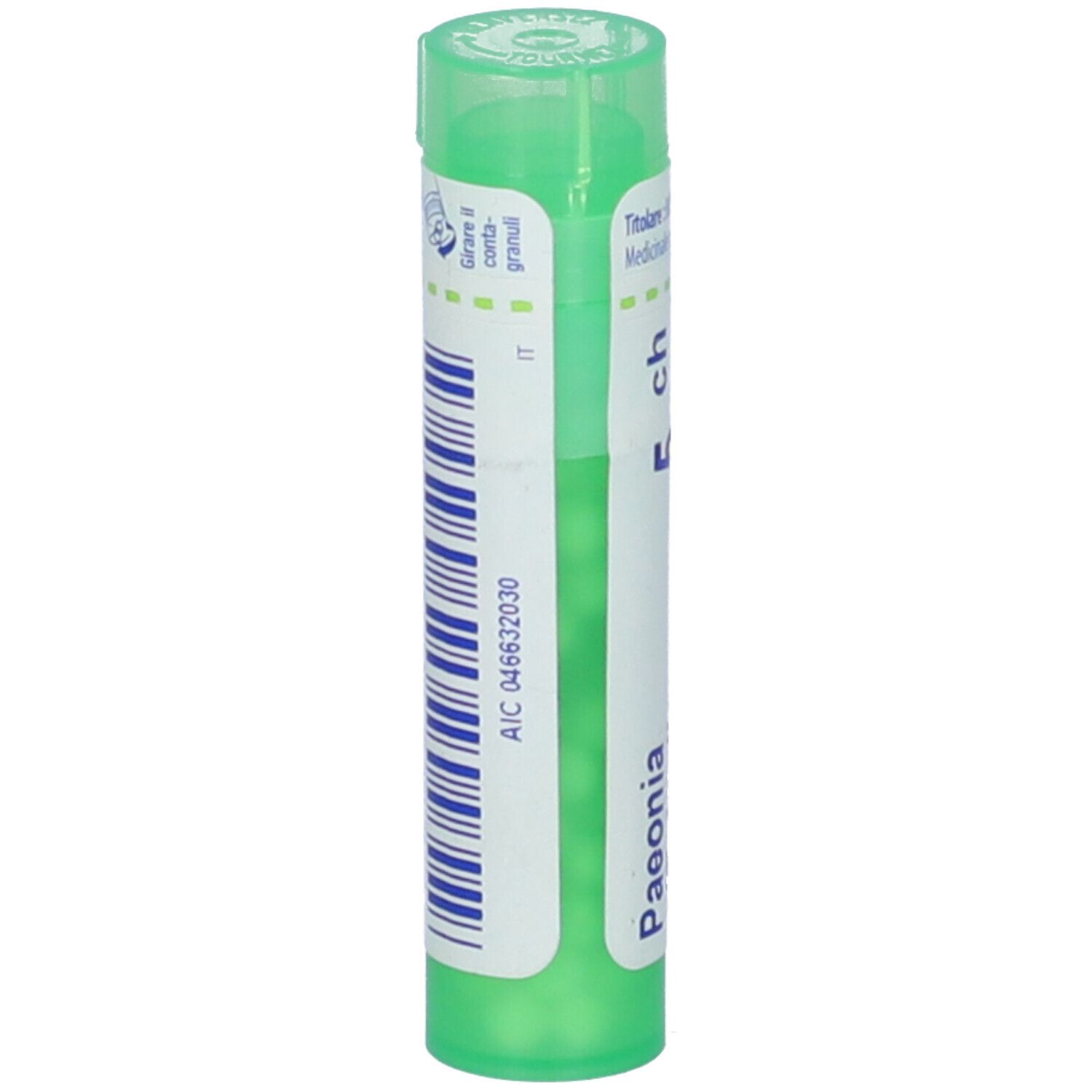 Tubo verde con etichetta bianca. Scritte: Paeonia, 5 ch, AIC 046632030. Tappo verde.