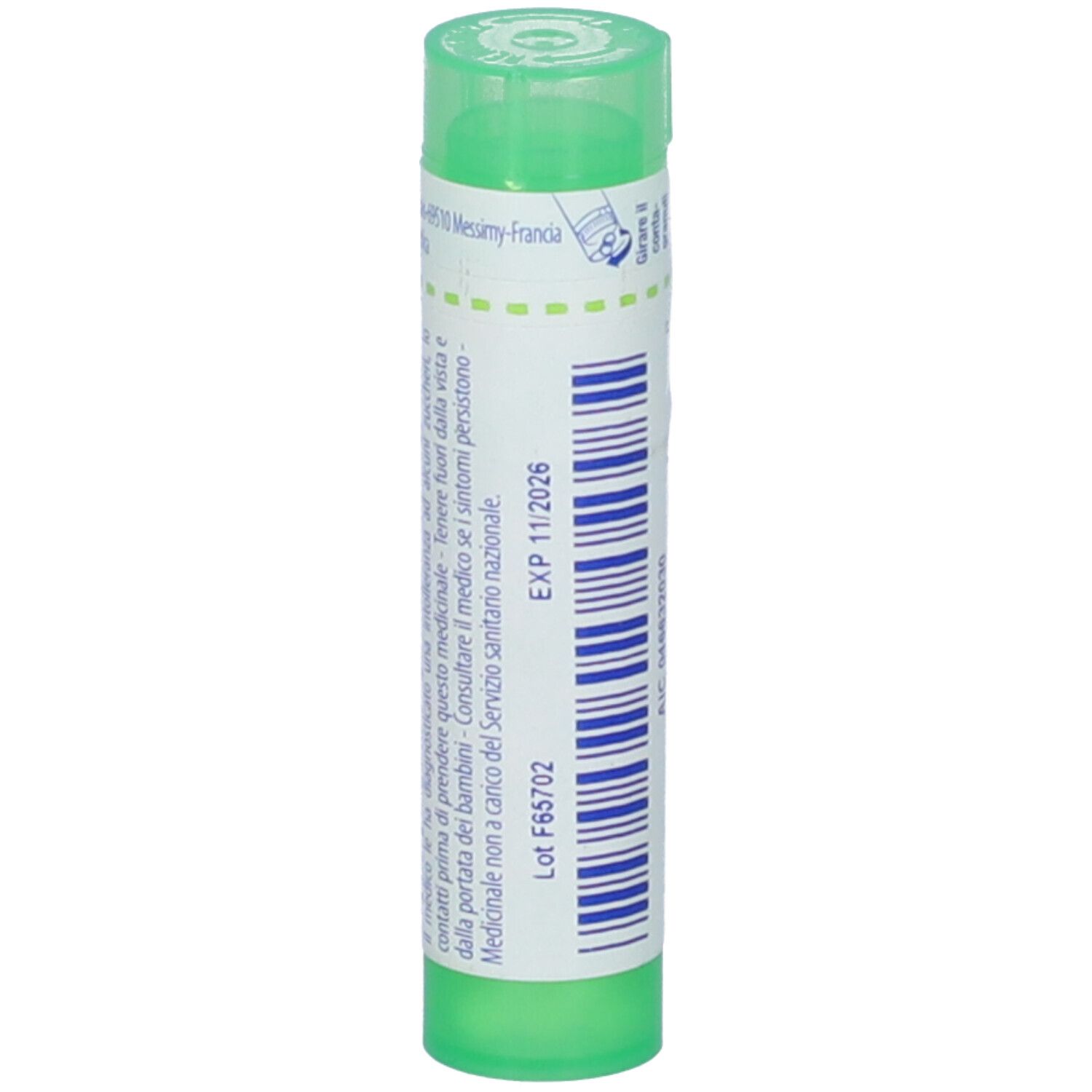 Tubo verde con etichetta bianca. Scritte: EXP 11/2026, Lot F65702. Tappo verde.